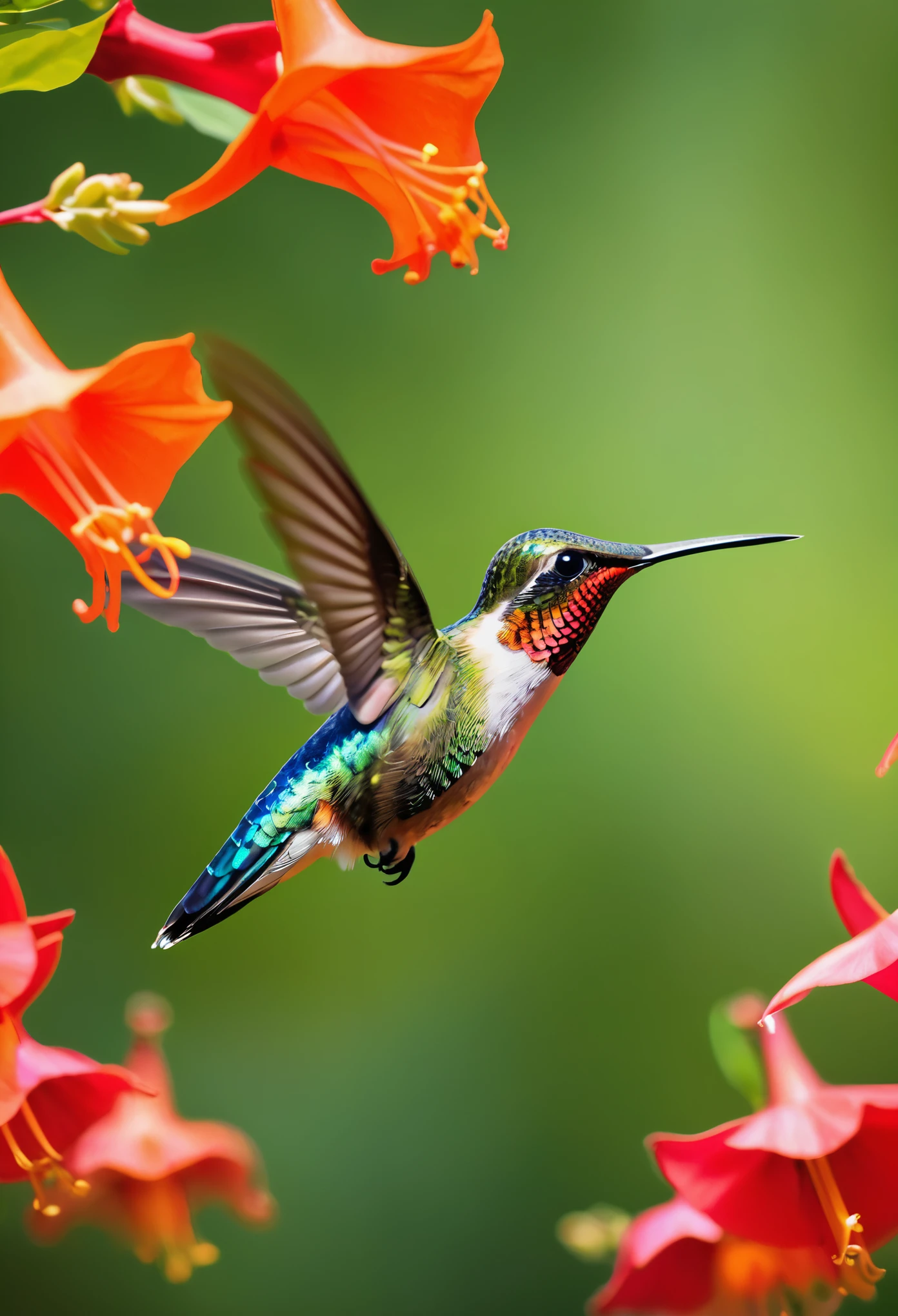 Generate an image of a vibrant hummingbird hovering mid-air, its iridescent feathers shimmering in the sunlight. The hummingbird should be delicately poised near a bright red trumpet vine, its long beak just dipping into one of the trumpet-shaped flowers. The background should be a blur of lush greenery, enhancing the tiny bird's stunning colors.