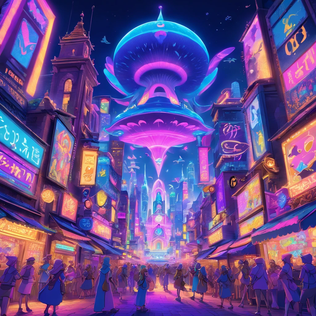 An alien TV show, with best quality, ultra-detailed, and realistic visuals. The main scene features two aliens with vibrant and unique skin colors, showcasing intricate details on their facial features. The aliens have large, expressive eyes and distinct facial markings. They are wearing futuristic costumes, with blinking lights and glowing patterns. The TV show is set in a vibrant alien city, with towering architecture, flying vehicles, and holographic advertisements. The scene is illuminated by neon lights, creating a colorful and atmospheric ambiance. The color palette is a mix of deep blues, purples, and glowing neon hues. The aliens are seen interacting with advanced technology and surrounded by a bustling crowd of alien creatures. The overall composition is dynamic and visually captivating, with a sense of mystery and excitement.