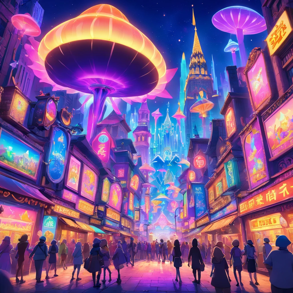 An alien TV show, with best quality, ultra-detailed, and realistic visuals. The main scene features two aliens with vibrant and unique skin colors, showcasing intricate details on their facial features. The aliens have large, expressive eyes and distinct facial markings. They are wearing futuristic costumes, with blinking lights and glowing patterns. The TV show is set in a vibrant alien city, with towering architecture, flying vehicles, and holographic advertisements. The scene is illuminated by neon lights, creating a colorful and atmospheric ambiance. The color palette is a mix of deep blues, purples, and glowing neon hues. The aliens are seen interacting with advanced technology and surrounded by a bustling crowd of alien creatures. The overall composition is dynamic and visually captivating, with a sense of mystery and excitement.