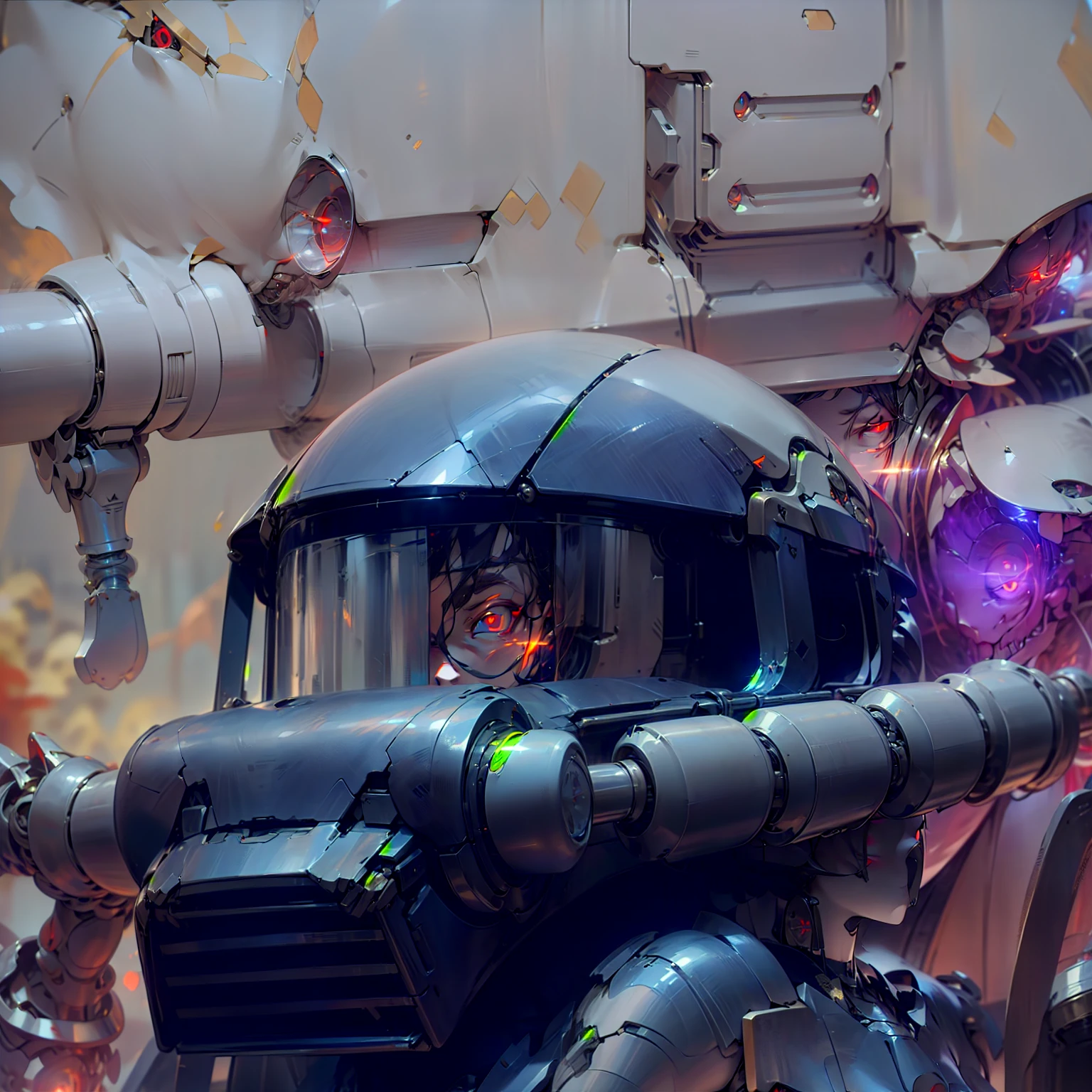 muste piece、8k , High resolution、Robot's head:1.5, round pipe、Oral tube、(One glowing red eye:1.5)、SF, reality, Mecha, ((metallic luster:1.5))、countless detailed notes、outer space,