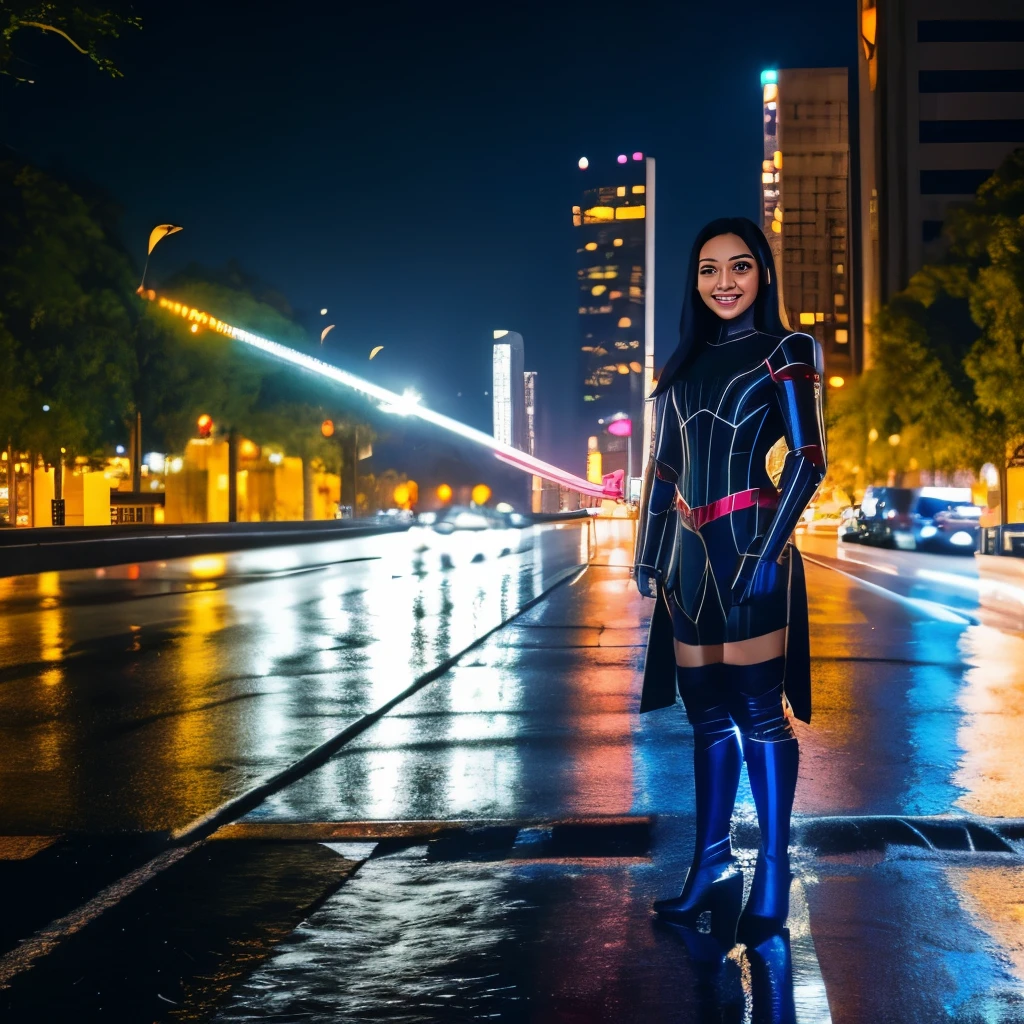 hyper realistic photo looking natural of a beautiful sexy Indonesian woman smiling sweetly wearing spiderman armor without a mask made of shiny dark blue metal with black gradations separated between the joints of the body, spider logo in the middle of the chest, eyes made of light blue Shapire stone, posing standing full body, on the road the asphalt is wet, there are several puddles of water reflecting the light of the street lights and the skyscrapers on either side of the road at night are visible in detail