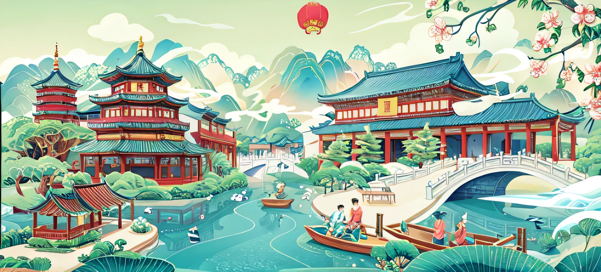 Illustration of Chinese village with bridge and boats, ancient chinese art style, Exquisite renderings of the Tang Dynasty, A beautiful artistic illustration, Dream China Town, Chinese style, Chinese painting style, Detailed landscape pictures, Chinese watercolor style, landscape artwork, by Ren Renfa, Chinese traditional art, In line with ancient Chinese aesthetics, by Yan Hui，ships transporting tea，More tea elements。