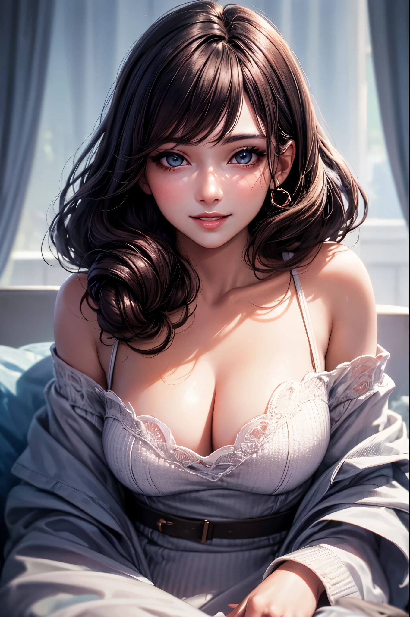 masterpiece, Best Quality, Illustration, Ultra-detailed, finely detail, high resolution, 8K Wallpaper, Perfect dynamic composition, Beautiful detailed eyes, off shoulder knit ladies' Fashion,waved hair,Natural Color Lip, Bold sexy poses,Smile,20 years girl,Cute,Sexy shot looking at camera,Ultra-realistic raw photos