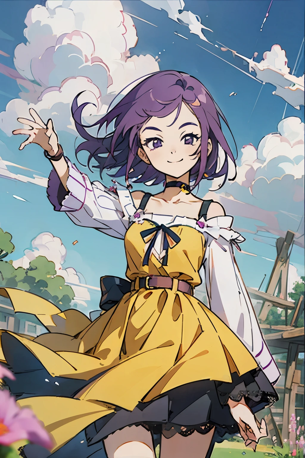 Kisho, 1 girl, Purple hair, Purple eyes, showa town, Ruins, Bang, Beautiful sky, shining sky, Sunshine, Smiling, Waving, Belts, ribbon choker, Dresses that blow the wind, black Lace dress, sweater, Off-shoulder sleeves