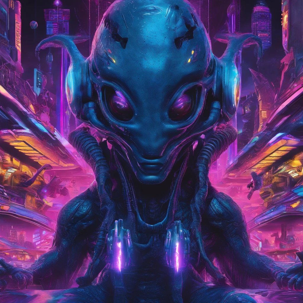 An alien TV show, with best quality, ultra-detailed, and realistic visuals. The main scene features two aliens with vibrant and unique skin colors, showcasing intricate details on their facial features. The aliens have large, expressive eyes and distinct facial markings. They are wearing futuristic costumes, with blinking lights and glowing patterns. The TV show is set in a vibrant alien city, with towering architecture, flying vehicles, and holographic advertisements. The scene is illuminated by neon lights, creating a colorful and atmospheric ambiance. The color palette is a mix of deep blues, purples, and glowing neon hues. The aliens are seen interacting with advanced technology and surrounded by a bustling crowd of alien creatures. The overall composition is dynamic and visually captivating, with a sense of mystery and excitement.
