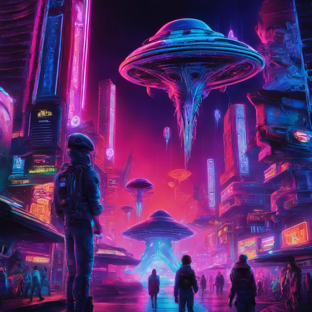 An alien TV show, with best quality, ultra-detailed, and realistic visuals. The main scene features two aliens with vibrant and unique skin colors, showcasing intricate details on their facial features. The aliens have large, expressive eyes and distinct facial markings. They are wearing futuristic costumes, with blinking lights and glowing patterns. The TV show is set in a vibrant alien city, with towering architecture, flying vehicles, and holographic advertisements. The scene is illuminated by neon lights, creating a colorful and atmospheric ambiance. The color palette is a mix of deep blues, purples, and glowing neon hues. The aliens are seen interacting with advanced technology and surrounded by a bustling crowd of alien creatures. The overall composition is dynamic and visually captivating, with a sense of mystery and excitement.