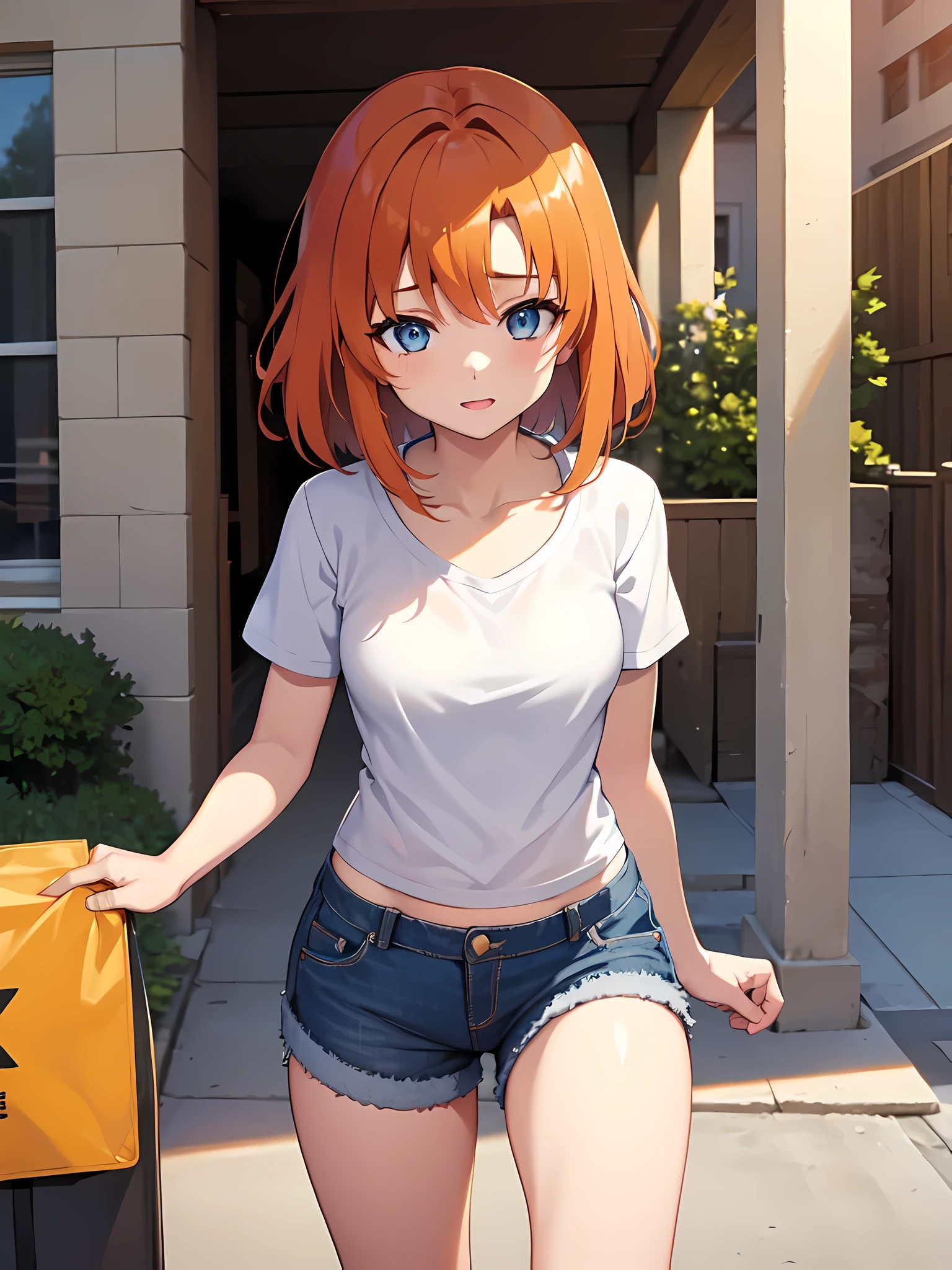 (1 girl), Rûuguu horseradish, orange medium hair, Blue eyes, t-shirt, denim shorts