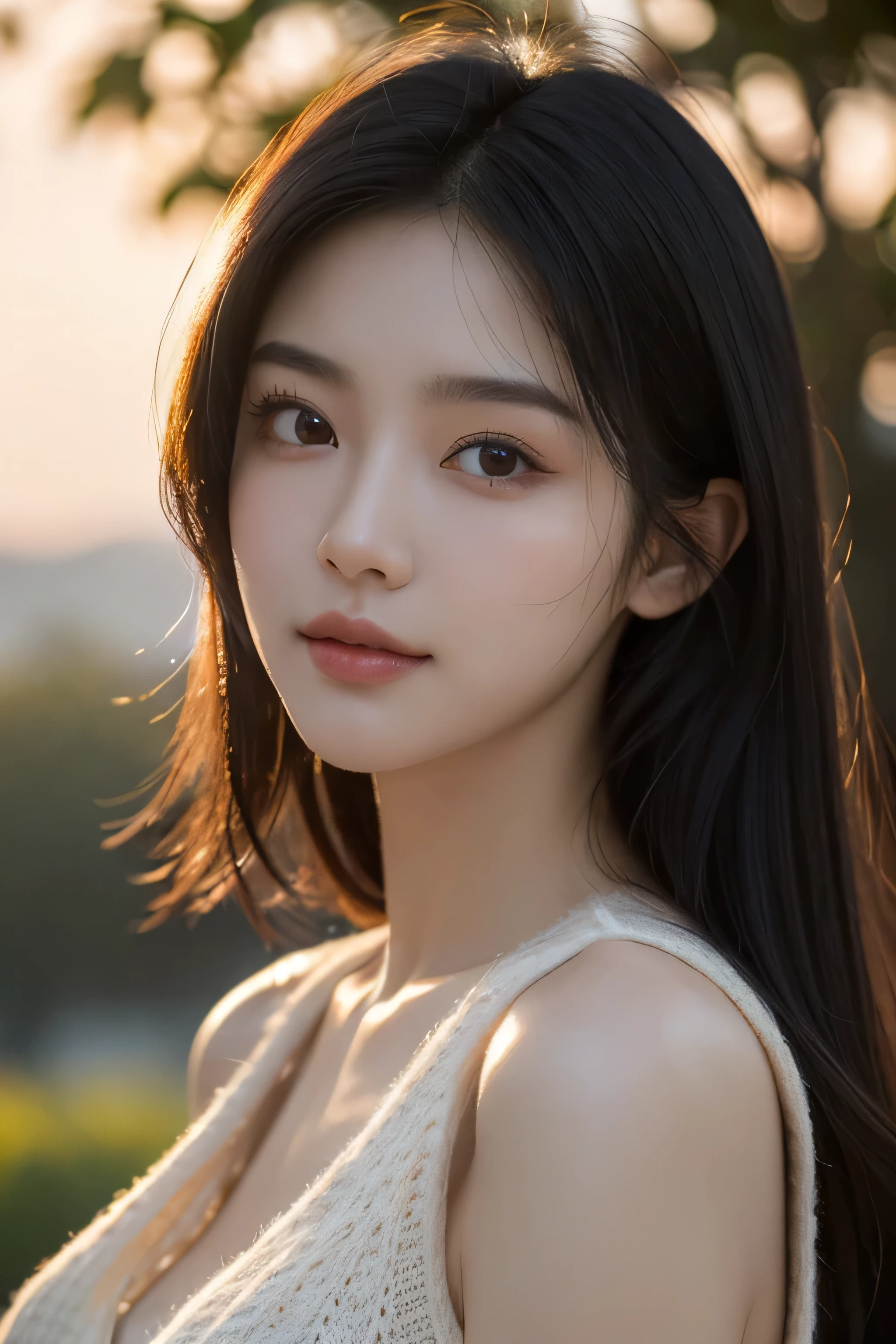 (best quality，masterpiece:1.3，ultra high resolution，super detailed，Caustics，16k，lifelike:1.4，Original photography，portrait，Waist-length photos，Face focus)，(front Photo:1.1)，korean girl，1 person，20 years old，big bright eyes，Moderate，Lovely，Smiling and looking at the camera，beautiful brunette，Round shoulders，thin waist，Knitted vest，sunset sky，soft light，Natural light