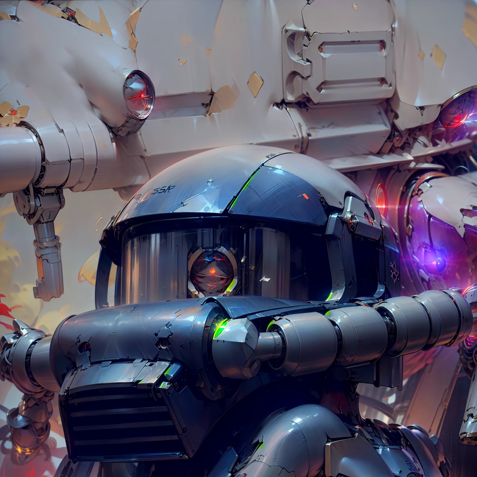 muste piece、8k , High resolution、Robot's head:1.5, round pipe、Oral tube、(One glowing red eye:1.5)、SF, reality, Mecha, ((metallic luster:1.5))、countless detailed notes、outer space,
