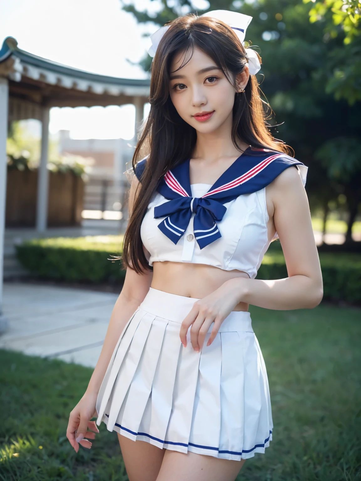((((highest quality))))、(((Ultra-precision CG16K wallpaper)))、(((masterpiece)))、(((Super detailed)))、(((super extreme details)))、1people's women、mature woman、24 year old woman、((Japanese face))、((very beautiful face))、((Zuo々Ki Nozomi:1.5))、((straight shoulder length hair))、(shiny hair)、bangs up to eyebrows、beautiful brown hair、beautiful delicate eyes、brown eyes、raised eyebrows、high nose、small nostrils、small mouth、seductive lipouth slightly open、beautiful breasts、((C cup size breasts))、cleavage、plump body、(Chubby body type)、perfect proportions、perfect anatomy、perfect composition、beautiful detailed shading、beautiful natural lighting、beautiful detail glow、Depth of the bounds written、soft focus、(((High chroma)))、(((real:1.9)))、((vivid:1.4))、((beautiful skin))、((skin texture))、((realな皮膚感))、(((cowboy shot、Thigh:1.5)))、((Angle seen from the front:1.5))、((smile:1.4))、(Eyes looking at me:1.5)、bright sunshine、(((lawn square:1.3)))、(model pose:1.5)、(((White high school girl wearing sailor suit、White pleated miniskirt clothing:1.6)))、((Wearing ribbons:1.6))、