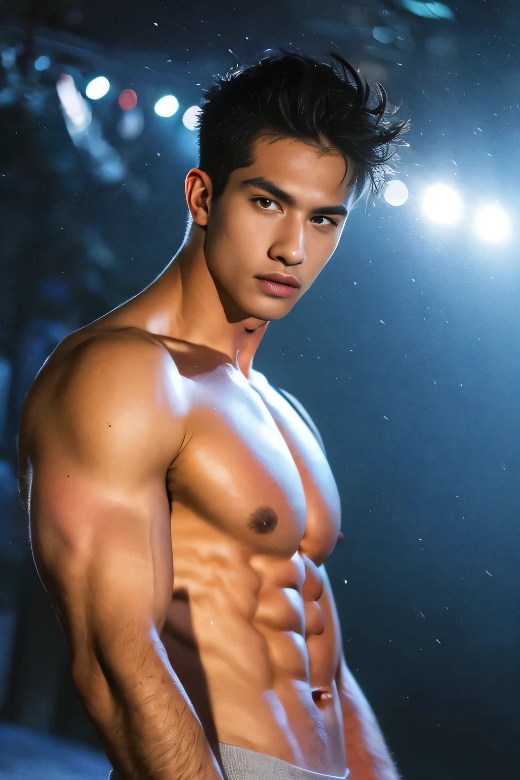 Foto CRU, ((tiro de corpo inteiro)),  jovem tcheco parado em uma floresta de pinheiros sem camisa, ((neve em seus ombros e peito)), in a snowy forest setting, parado na neve,  Homem tcheco, sem camisa, jovem, (symmetrical and bulging six-pack abs), beautiful symmetrical face with full lips and open eyes, (huge pectoral muscles of the chest), Parte superior do corpo em forma de V,  penteado loiro cortado,athletic physique, delgado, No body hair, vestindo nada, Completamente nu , Realista, totalmente nu, Nu, perfeito , Macho , correct Macho scrotum, perfeito scrotum, Macho structure, correct Macho genitelia, huge and veiny Macho genitelia, hard Macho genitalia, erect Macho genitalia, ((obra de arte)), ((melhor qualidade)), 8K,altamente detalhado, ultra-detalhado, neutral expression, pose elegante, Textura de pele real, Cinematic lighting, (tiro de corpo inteiro) , (pose natural:1.2) , (pele bonita detalhada:1.2) , (lindo rosto detalhado:1.2) , Pele Texturizada, (rosto e olhos detalhados:1.3)