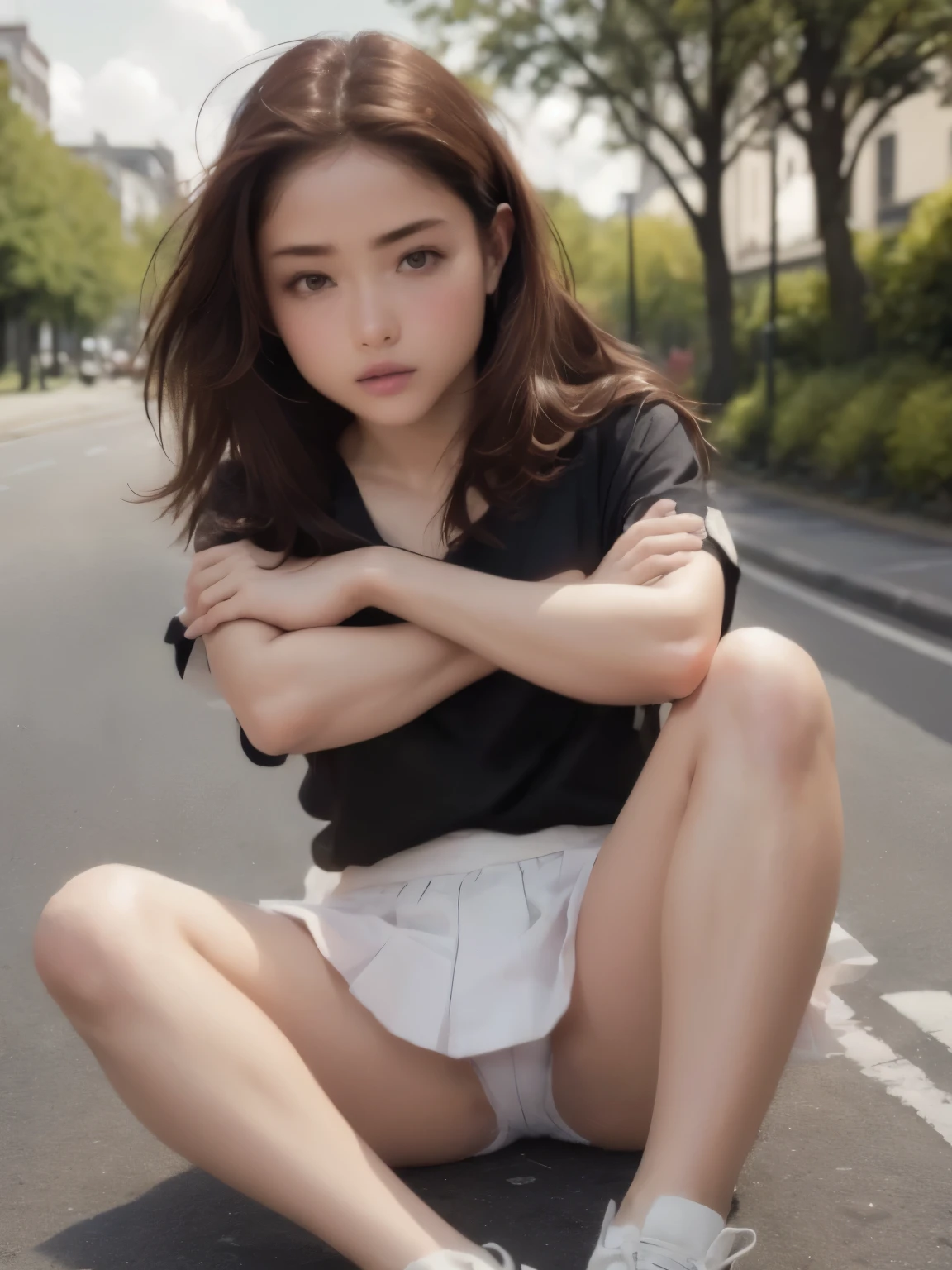 best quality, ultra high resolution, perfect anatomy, Masterpiece, Best Quality,
Perfect hands, Detailed finger, (Perfect fingertip), extra detailed face, The hidden shape is clear,
Well-designed hands, Well-designed legs, well-drawn feet,
1girl, solo, 24 yo, small breasts, brown hair, brown eyes, (view the viewer:1.4),
looking at viewer, glaring at viewer,
wearing street fashion, short skirt, sneaker,
(spread legs, crossed arms, sitting on road :1.5),
(turning the body towards viewer:1.5) ,
outdoors, town,
full body shot, realistic,