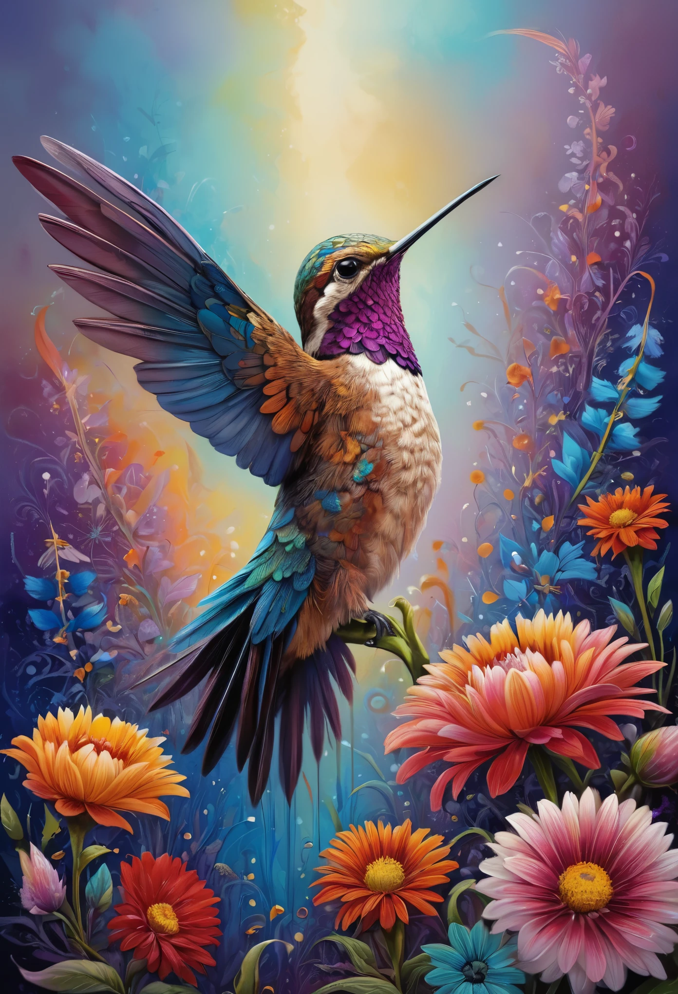 A hummingbird perched on a flower, its feathers adorned with vibrant colors, set against a natural background. The hummingbird is depicted with intricate details, bold colors, and high-definition quality, immersing viewers in the scene.