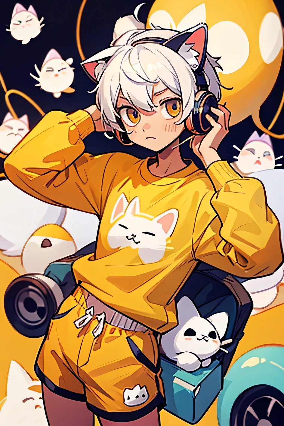 White-haired guy., Wear headphones, cute, with cat ears, Wearing an egg-colored shirt with a cat pattern, and shorts.