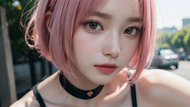 Pink hair, short hair, green eyes