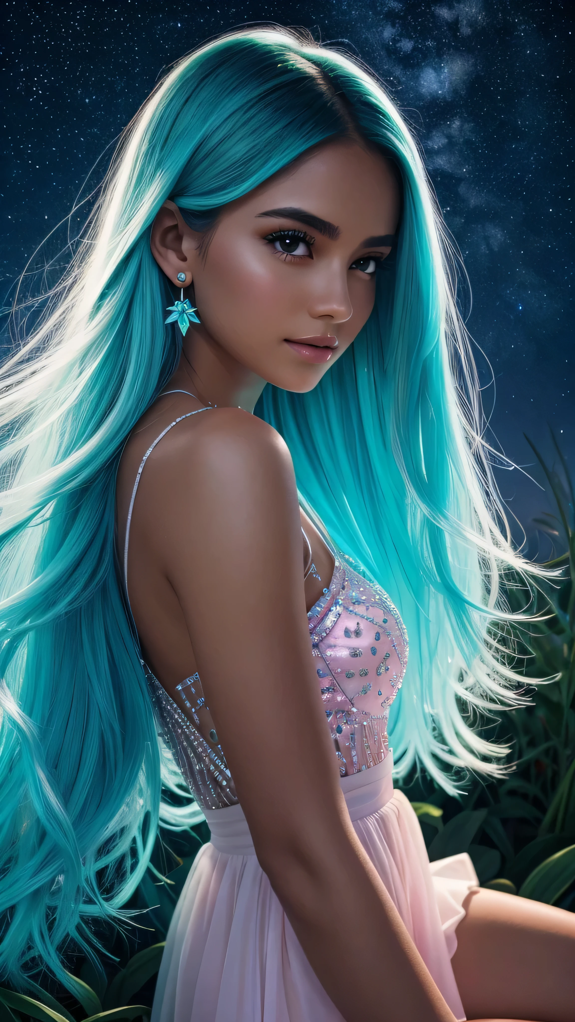 Beautiful realistic girl with BRIGHT WHITE-TURQUOISE long hair..... ,Close-up of clean skin with detailed skin ,full length,in a short miniskirt,on an orange background ,Against the background of the starry sky,bright makeup,EARRINGS WITH GLITTERS,two-leaf gray flower,translucent speckled bifoliate gray,Bioluminescent - Ultra High Quality 8K Music Equalizer, High contrast, rich colors, soft light, Super detailed photos. ultra high quality 8K, High contrast, noise reduction, яркие rich colors.. high quality, 8K Ultra HD, High contrasthigh quality,мягкие close focus,very beautiful flower, translucent red lily of the valley with dew drop flower, bioluminescent flower glows and shimmers, he grows in a mysterious forest, shrouded in mystery, Сверхhigh quality 8k, High contrast, rich colors, soft light, Ultra-detailed photos. Сверхhigh quality 8k, High contrast, noise reduction, bright rich colors.. high quality, 8K Ultra HD, High contrast