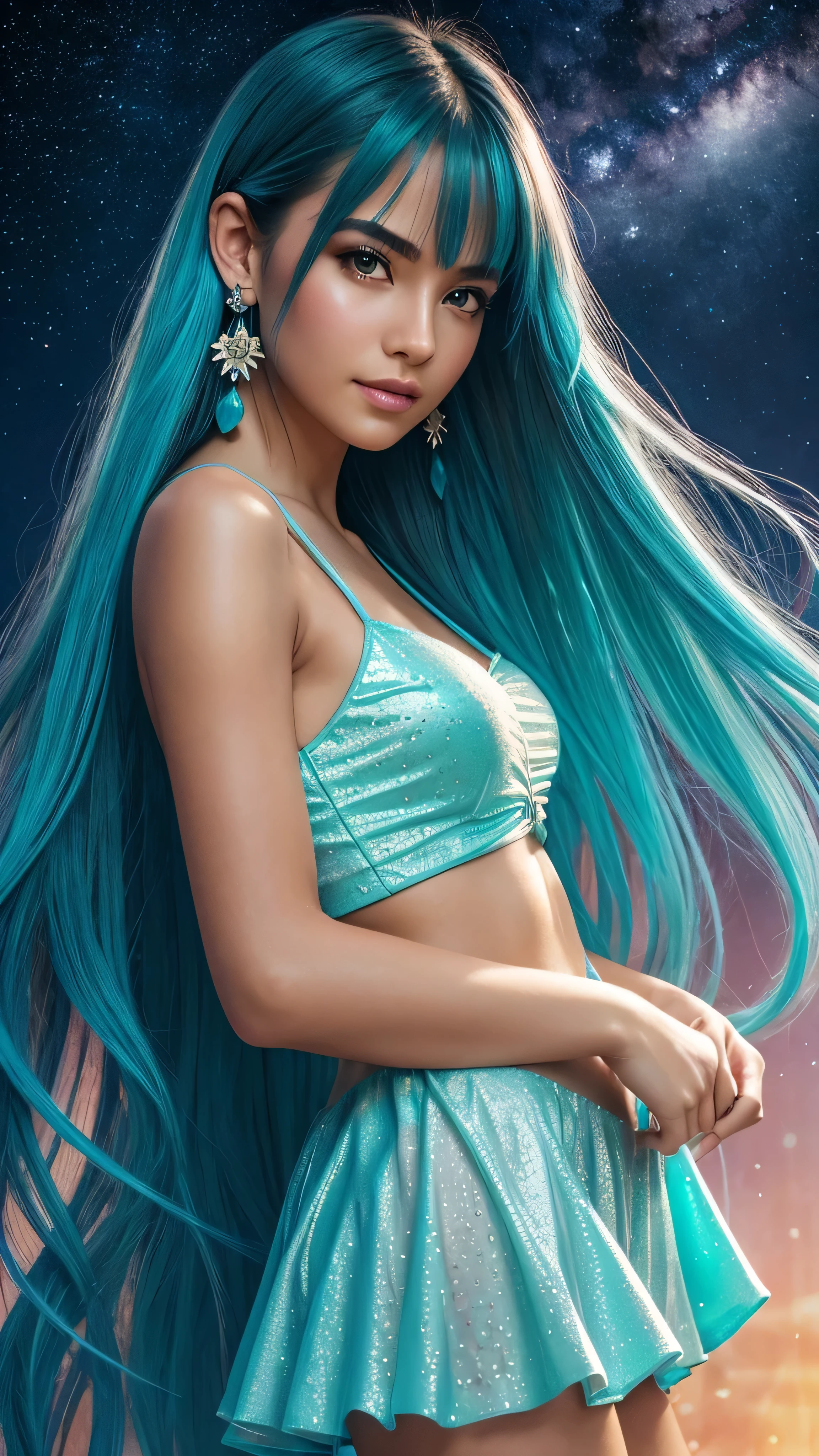 Beautiful realistic girl with BRIGHT WHITE-TURQUOISE long hair..... ,Close-up of clean skin with detailed skin ,full length,in a short miniskirt,on an orange background ,Against the background of the starry sky,bright makeup,EARRINGS WITH GLITTERS,two-leaf gray flower,translucent speckled bifoliate gray,Bioluminescent - Ultra High Quality 8K Music Equalizer, High contrast, rich colors, soft light, Super detailed photos. ultra high quality 8K, High contrast, noise reduction, яркие rich colors.. high quality, 8K Ultra HD, High contrasthigh quality,мягкие close focus,very beautiful flower, translucent red lily of the valley with dew drop flower, bioluminescent flower glows and shimmers, he grows in a mysterious forest, shrouded in mystery, Сверхhigh quality 8k, High contrast, rich colors, soft light, Ultra-detailed photos. Сверхhigh quality 8k, High contrast, noise reduction, bright rich colors.. high quality, 8K Ultra HD, High contrast