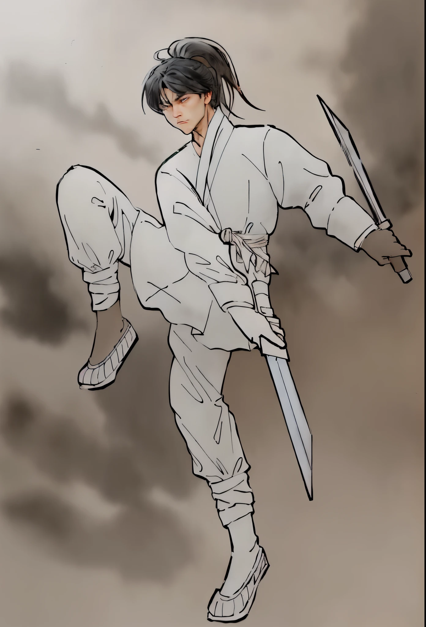 black hair，Brown clothes，white pants，Brown shoes、Drawing of man holding sword, Combat stance, clean lines, swordsman, Practice sword skills, sharp lines, clean anime outlines, From Kenshin, fighting stance, dramatic sword pose, fighting stance, fighting stance, With a big sword, Dramatic katana wielding pose, in a Combat stance, strong line art