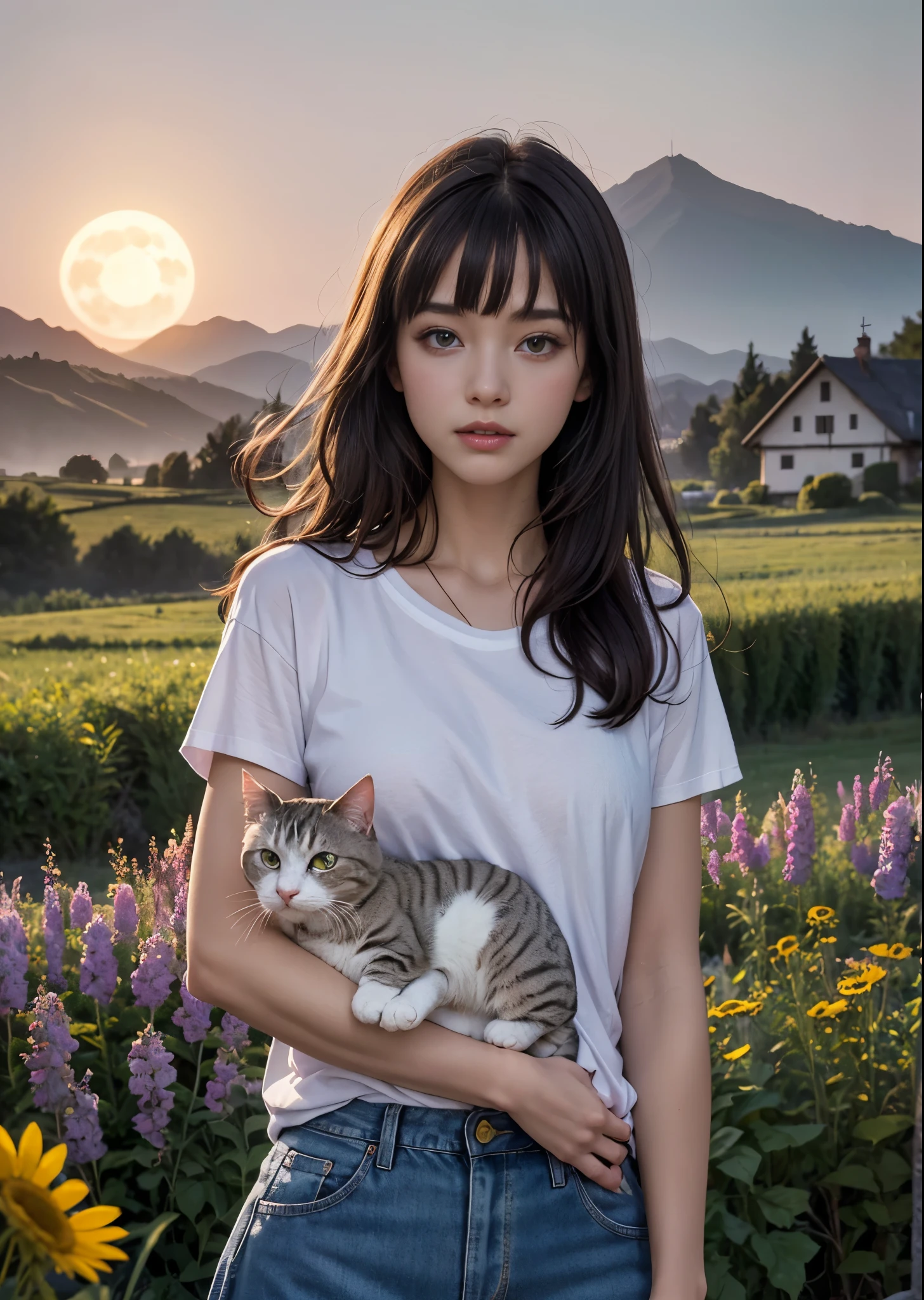 There is a woman standing in a meadow at dusk holding a cat.、14 years old、cowboy shot、medium long hair、I have bangs、Jeans on a t-shirt、sweater and long skirt、Watch the viewer、There are purple and pink flowers around.、There is a farmhouse a little far away.、A small moon rises between the distant mountains、There are many stars shining in the night sky、Emotional、perfect lighting、sharp focus、High definition、High level image quality、High color rendering、High resolution、surreal、Photoreal