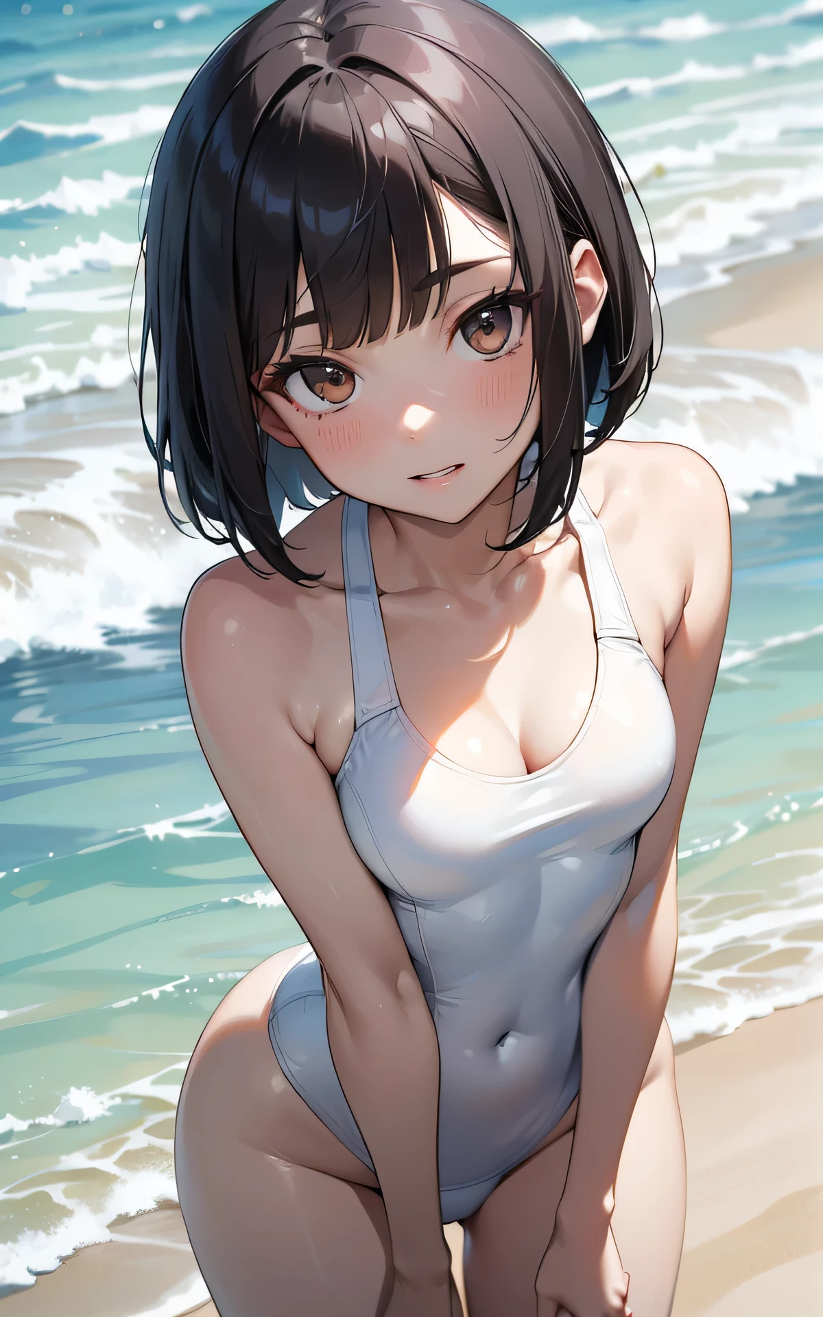 absurderes:2.0、realistic, Unity 8K Wallpaper, Masterpiece, Realistic face, Realistic skin feeling ,detailed hair, highly detailed, realistic glistening skin, Cute Girl, Perfect face, charming face, sunny beach, looking up flirtatiously, ((all white racing swimsuit:1.3, dark gray hair, bob cut, brown eyes、small breasts)), Emphasize cleavage,