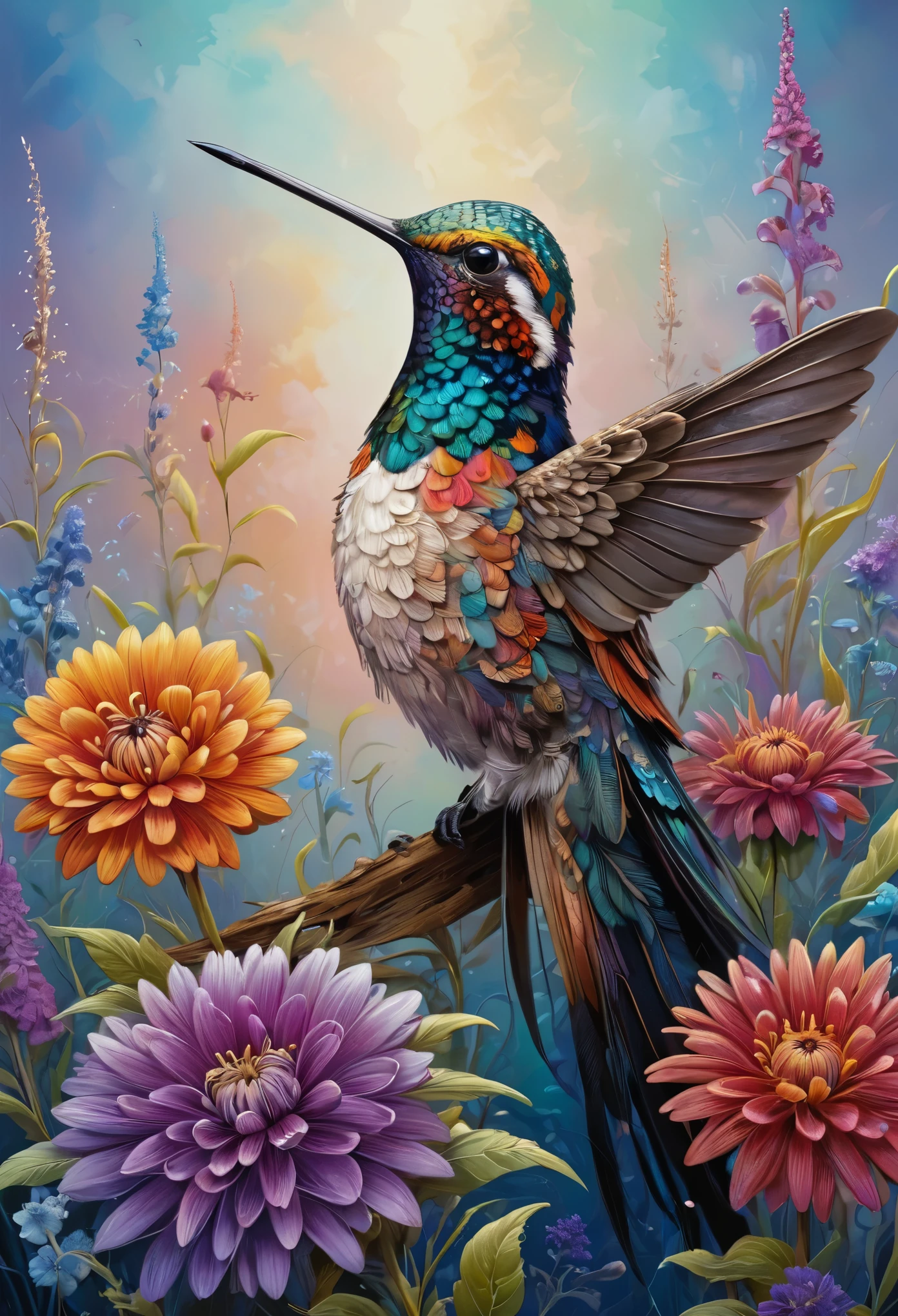 A hummingbird perched on a flower, its feathers adorned with vibrant colors, set against a natural background. The hummingbird is depicted with intricate details, bold colors, and high-definition quality, immersing viewers in the scene.