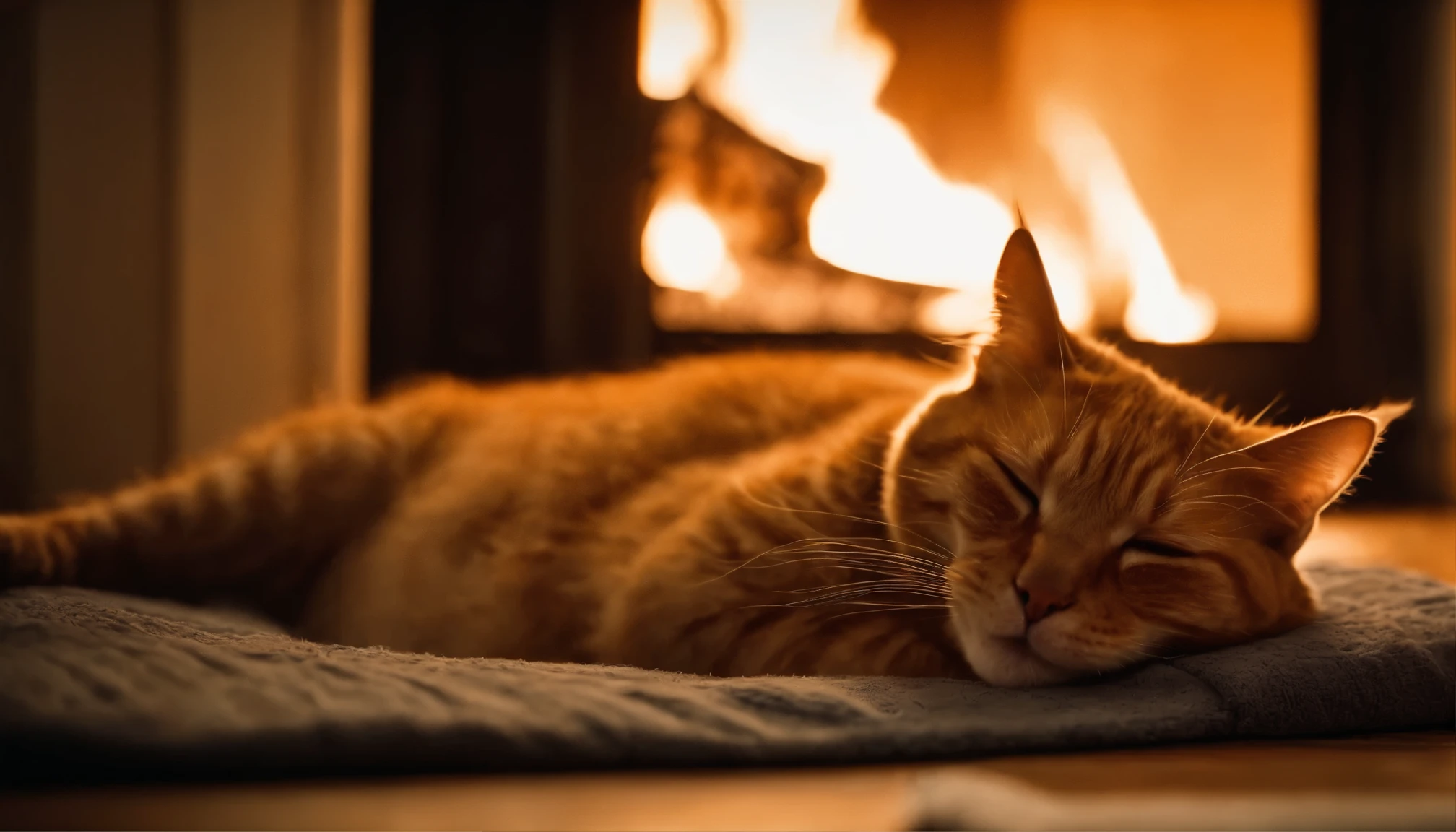 This image shows a ginger cat sleeping contentedly on a soft cushion. The cat is indoors, and there's a warm, glowing fireplace in the background that adds a cozy atmosphere to the scene. The room is dimly lit, primarily by the fire, creating a peaceful and serene setting, perfect for a cat nap.