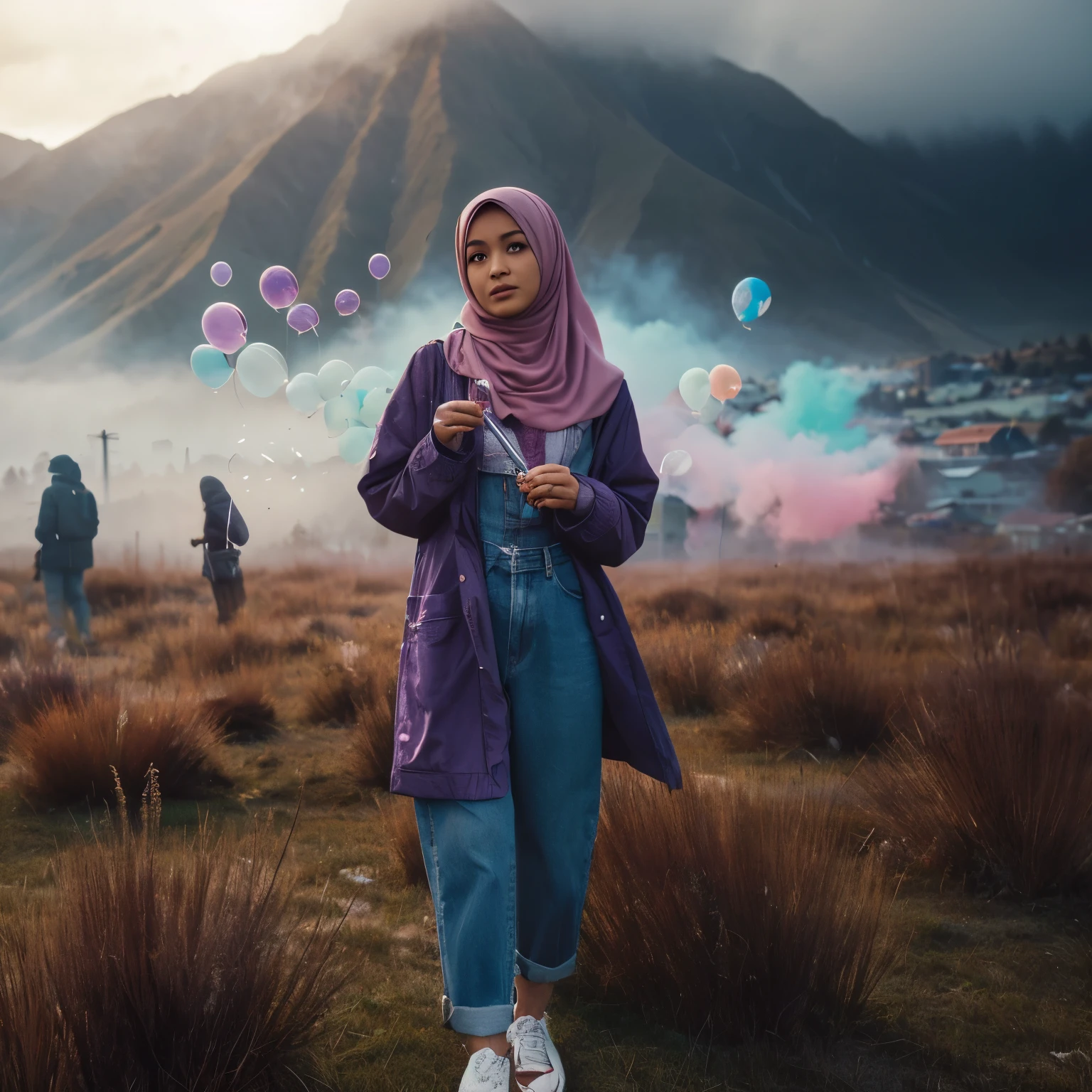 full body, cinematic portrait of a beautiful Indonesian woman wearing hijab, purple jacket, blue jeans and white shoes, standing in a grassy field with mountains in the background, lonely woman in hijab, atmospheric portrait, standing in a field of grass and weeds, playing with bubble balloons and blowing in the wind, behind you can see colorful smoke bombs, foggy background, looking to the side, focused view towards the camera