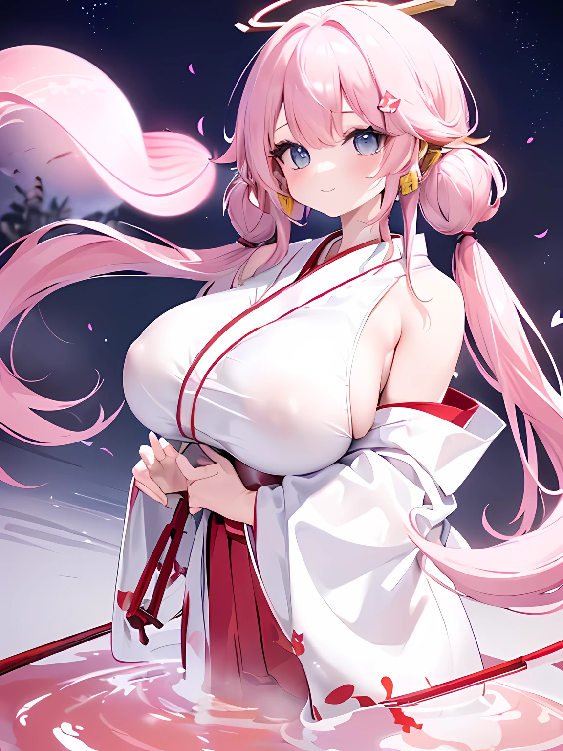 masterpiece,highest quality,(Super detailed),written boundary depth,perfect sentence, Detailed CG,Super detailed,(highly detailed eyes,very cute face,highly detailed face:1.3),beautiful anime girl,(solo girl:1.9),(super huge breasts:1.9),(pink hair,low twin tails:1.5),(light blue eyes:1.3),(smile full of joy:1.3),open your mouth,show viewer,break,(shrine maiden costume,white kimono,red hakama pants:1.5),light effect,(floating in the air:1.5),please bend your knees,spread both hands,break,(big full moon:1.3),thin clouds,The stars are shining,night