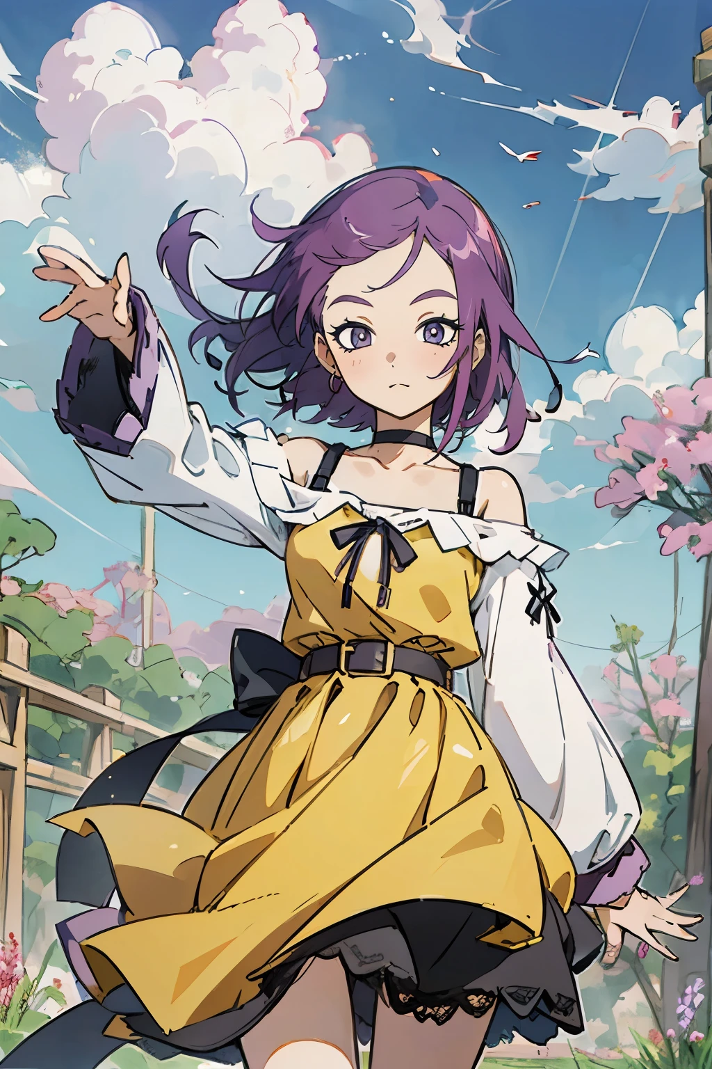 Kisho, 1 girl, Purple hair, Purple eyes, showa town, Ruins, Bang, Beautiful sky, shining sky, Sunshine, Smiling, Waving, Belts, ribbon choker, Dresses that blow the wind, black Lace dress, sweater, Off-shoulder sleeves