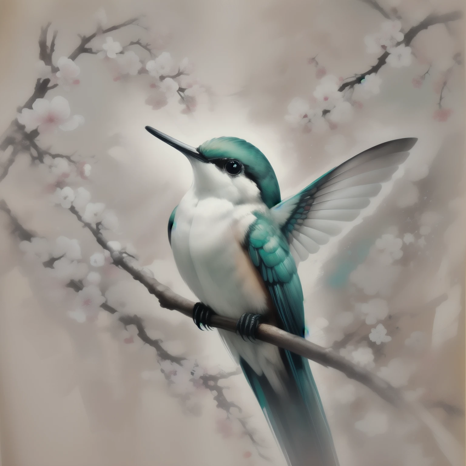 hummingbird, Japanese Painting, Background with a lot of white space