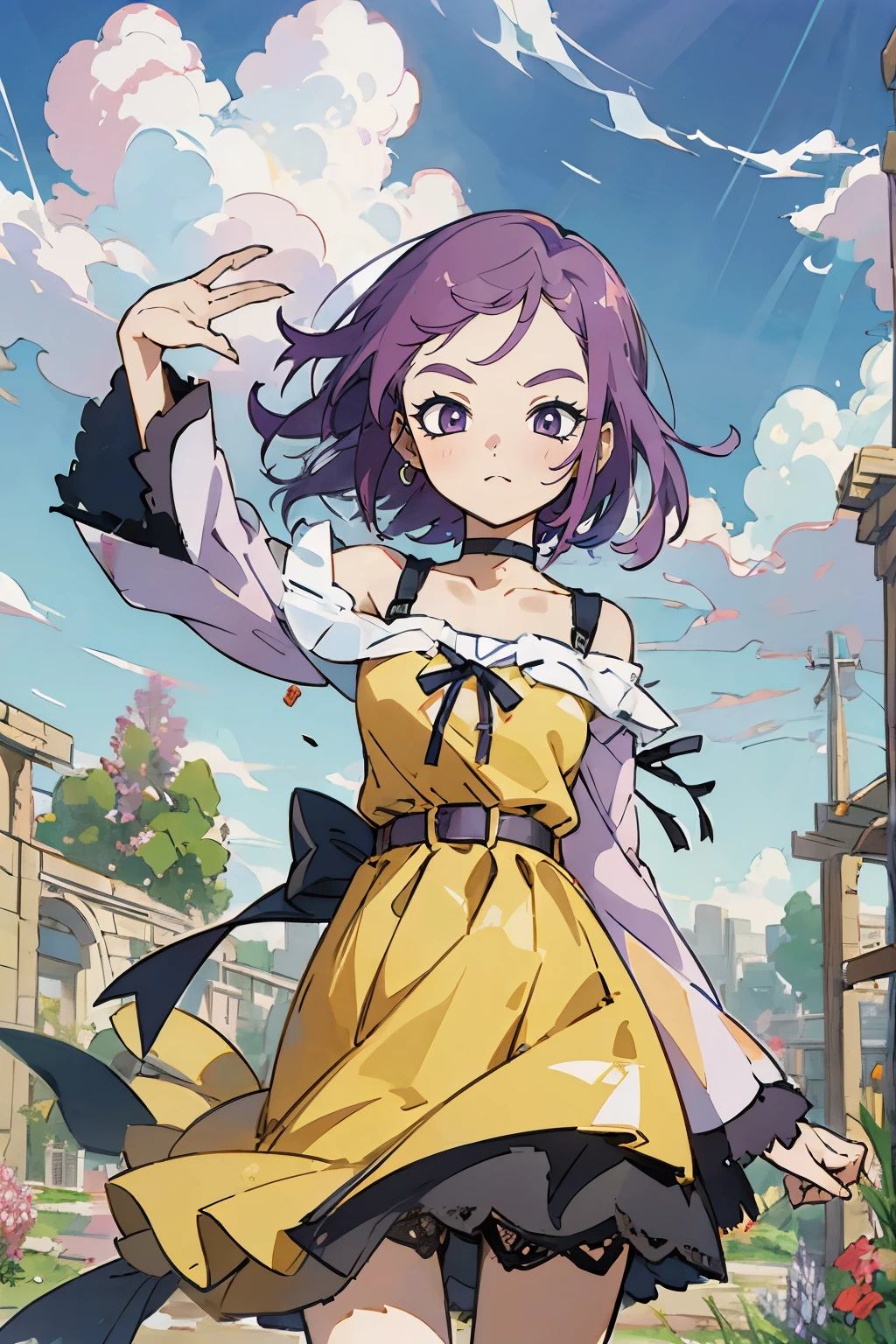 Kisho, 1 girl, Purple hair, Purple eyes, showa town, Ruins, Bang, Beautiful sky, shining sky, Sunshine, Smiling, Waving, Belts, ribbon choker, Dresses that blow the wind, black Lace dress, sweater, Off-shoulder sleeves