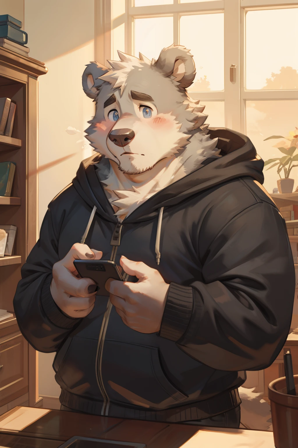 Gray Bear Man, hoodie, social fear, In the dormitory, Looking shyly at the camera, male, blush, Slightly fat