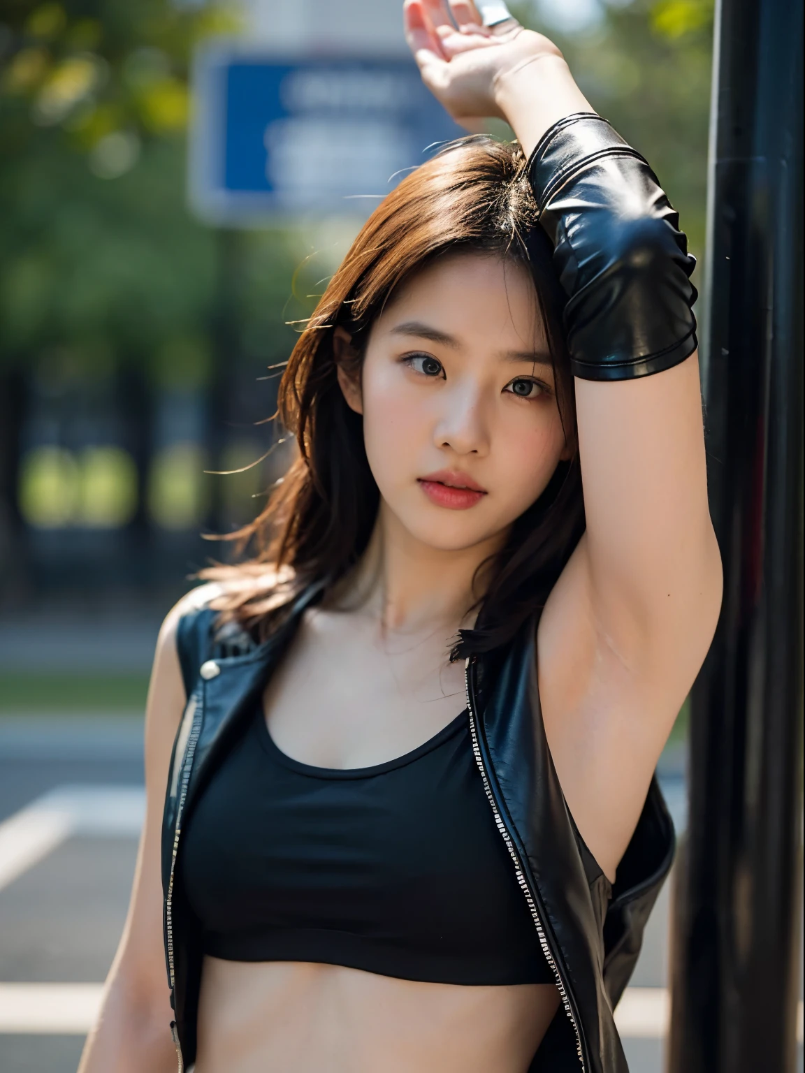 (8k、RAW Photos、top-quality、​masterpiece:1.2)、(realistic Photo-realsitic:1.37)、1girl in、japanese, 16-years old, (flipping her jacket to show armpit:1.5), face lights, Detailed face、Detailed lips, (wearing a black faux leather jacket over sports bra:1.5), (partially-exposed right armpit:1.2), slight trace of nipples behind bra, small eyeglasses with brown frame,