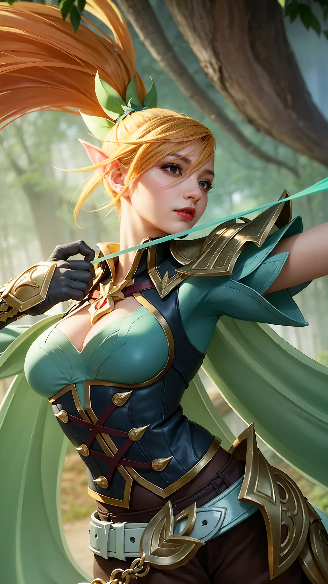 (female:1.2), 8k, ultra hd, ultra detailed texture, hyper realistic, masterpiece, detailed texture, detailed face, detailed skin, detailed lighting, (photorealistic:1.5), best quality, beautiful lighting, cinematic lighting, professional lighting, ultra highres, realistic, detailed hair, real hair, high quality, (realskin:1.5), extremely detailed, finely detail, ultra-detailed, 1girl, solo, elf, pointy ears, standing, demon horns, forehead protector, (red eyes:1.5), v-shapped eyebrow, lips, red lips, evil smile, nose, make up, pretty, beautiful, cute face, long hair, blue hair, high ponytail, large breasts, cleavage, armpit, navel, stomach, black armor, pauldrons, bare shoulders, shoulder armor, thigh high, sleevless, detached sleeves, breastplate, gauntlets, karina \(mobile legends\), depth of field, looking aways, white skin, skin tight, amazing pose, outdoors, glowing, dark view, elf ear