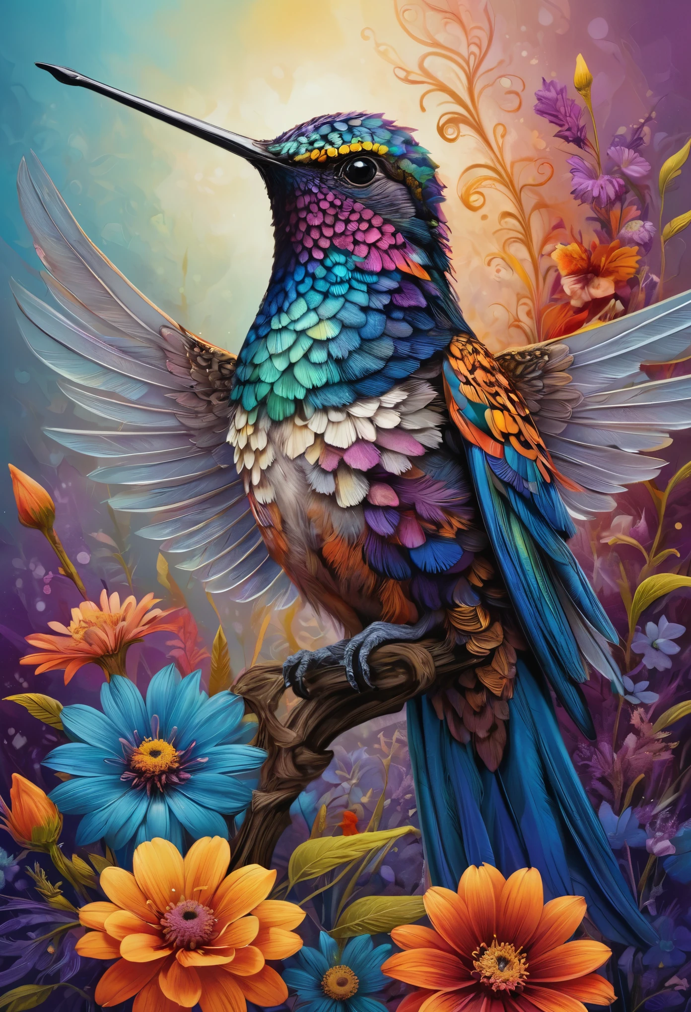 A hummingbird perched on a flower, its feathers adorned with vibrant colors, set against a natural background. The hummingbird is depicted with intricate details, bold colors, and high-definition quality, immersing viewers in the scene.