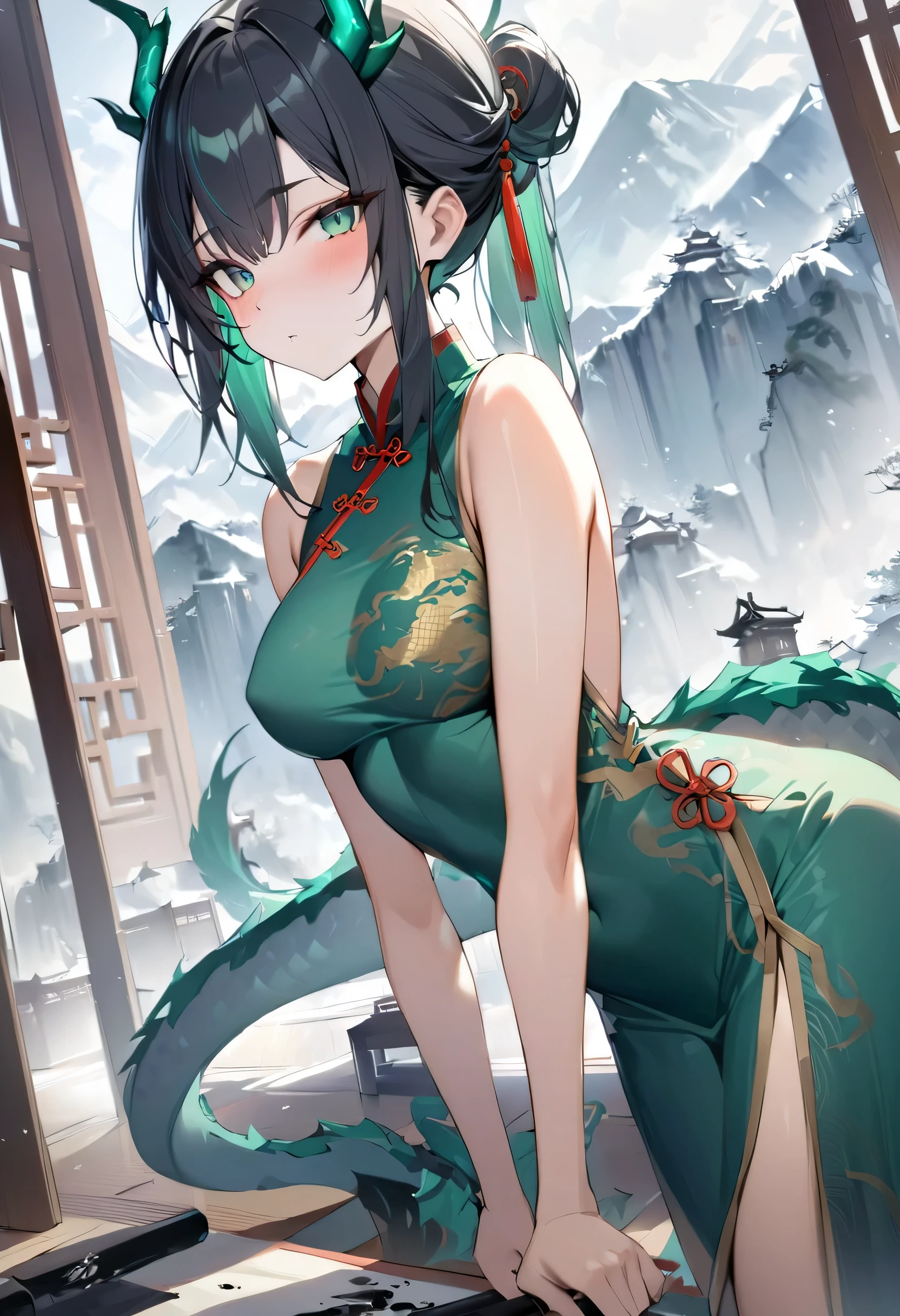 best quality,masterpiece,detailed,light layer,a girl,black hair,Emerald Highlights,There are dragon horns in the hair,dragon tail,Antique Chinese clothing,ink,dark green eyes,attractive body,medium breasts,long sword,surrounded by mountains,dojo