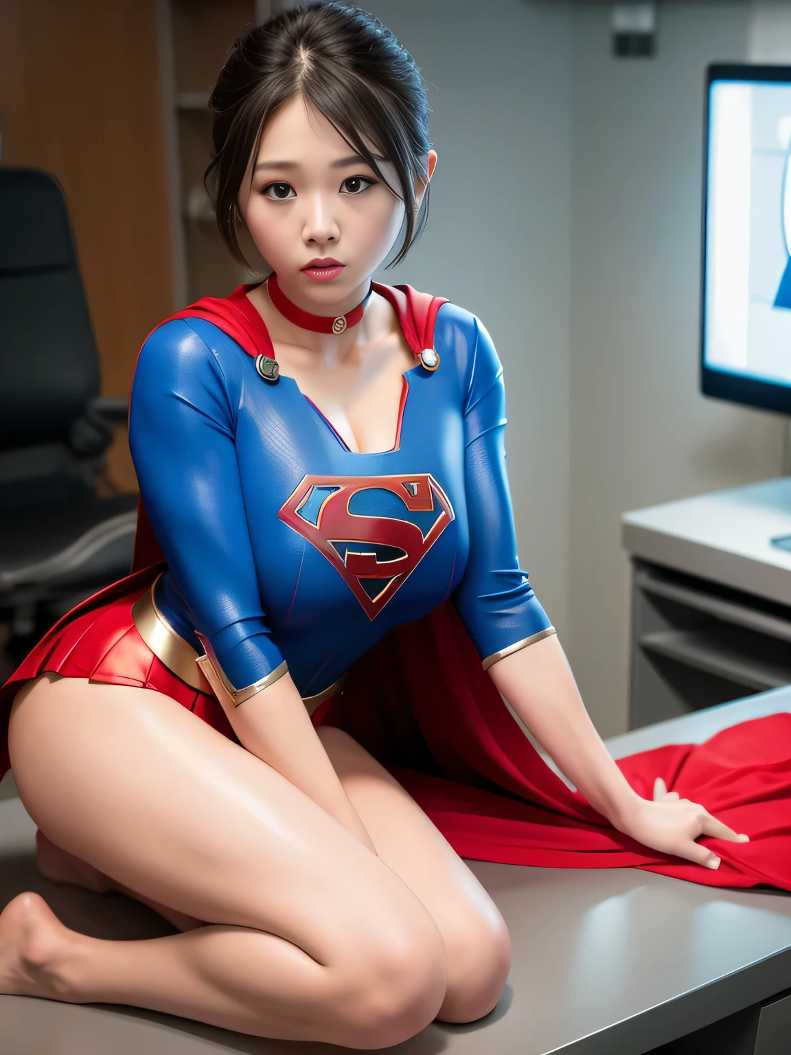 masterpiece、supergirl costume、short hair、barefoot, big and full breasts、operating room、operating table、straddle、damaged、shiny、look at the camera、choker、long sleeve、red mini skirt、Feeling of humiliation、