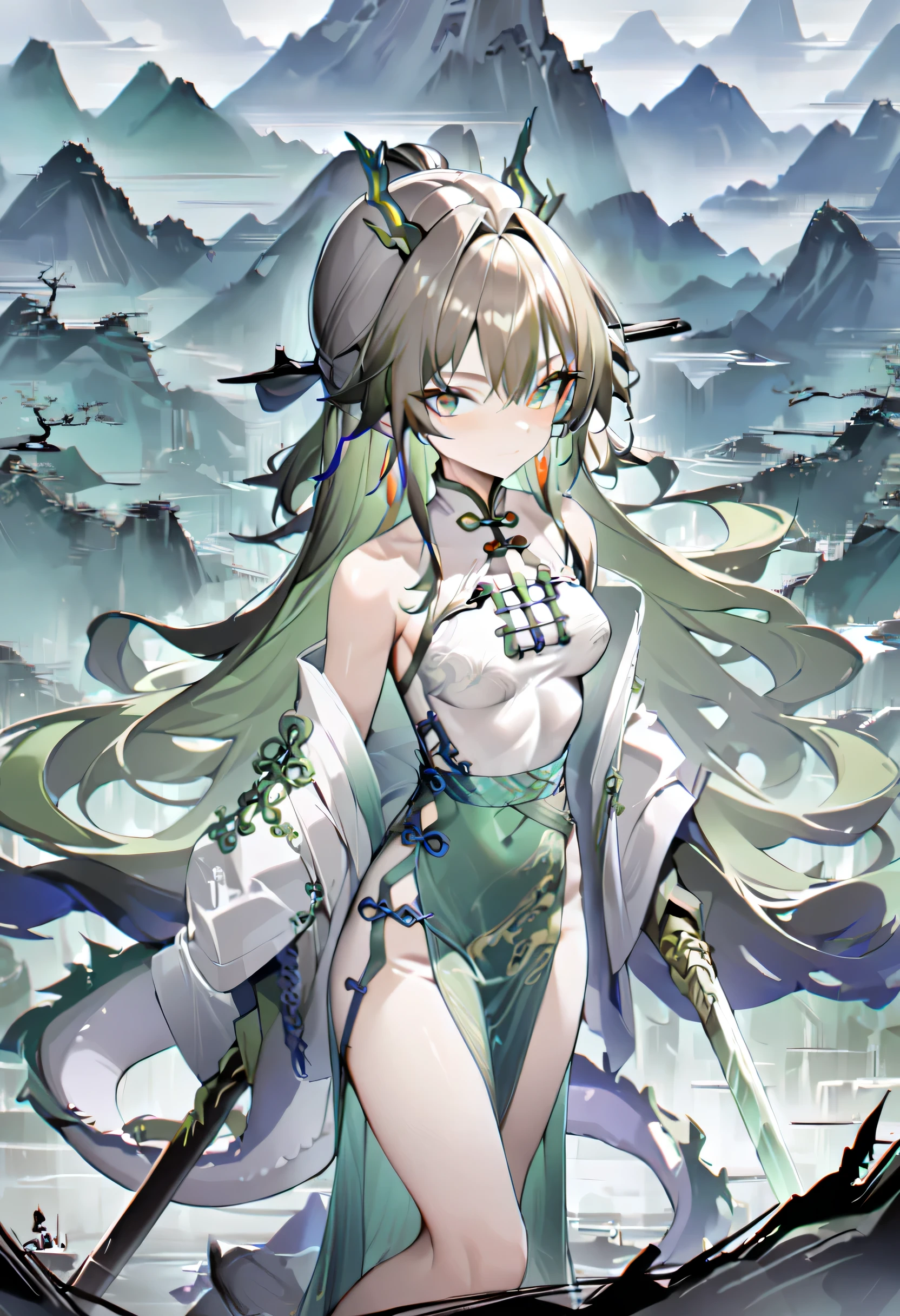 best quality，masterpiece，detailed，light layer，a girl，black hair，Emerald Highlights，There are dragon horns in the hair，dragon tail，Antique Chinese clothing，ink，dark green eyes，attractive body，medium breasts，long sword，surrounded by mountains，dojo