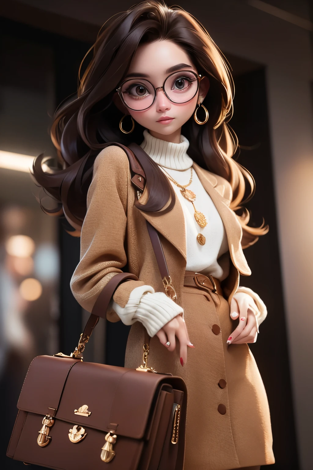 masterpiece, best quality, 8k, official art, movie lighting, ultra high resolution, 1 girl, Sexy, Mature, alone, jewelry, earrings, Glasses, skirt, long hair, Bag, looking at the audience, hoop earrings, sweater, white sweater, brown hair, brown eyes, brown background, jacket, brown skirt, Sleeves extend beyond wrists, 高领sweater, long sleeves, Keep, brown jacket, brown nails, handBag