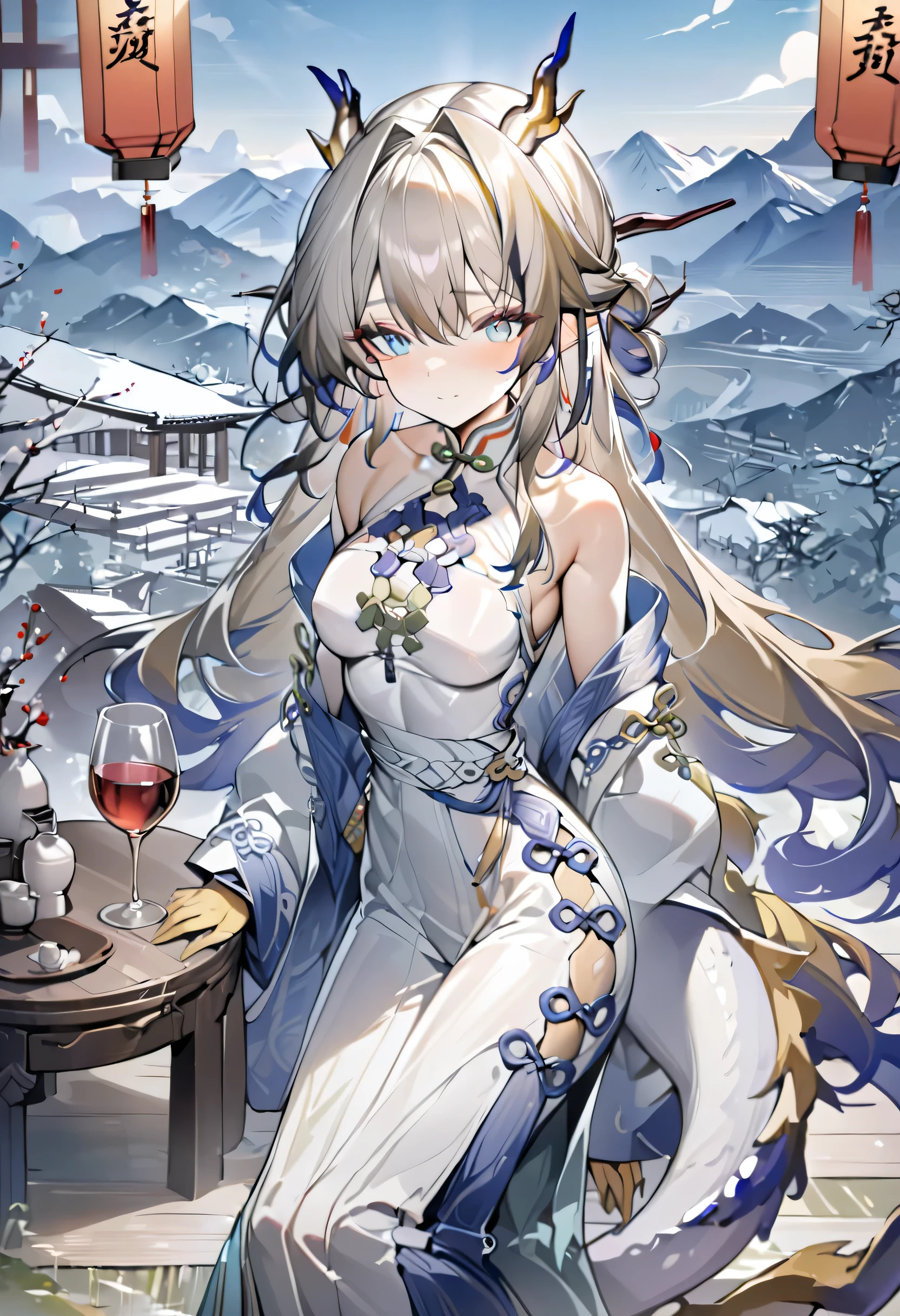 best quality，masterpiece，detailed，light layer，a girl，black hair，Blue highlights，There are dragon horns in the hair，dragon tail，Antique Chinese clothing，grey-blue eyes，attractive body，medium breasts，wine glass，surrounded by mountains，pavilion