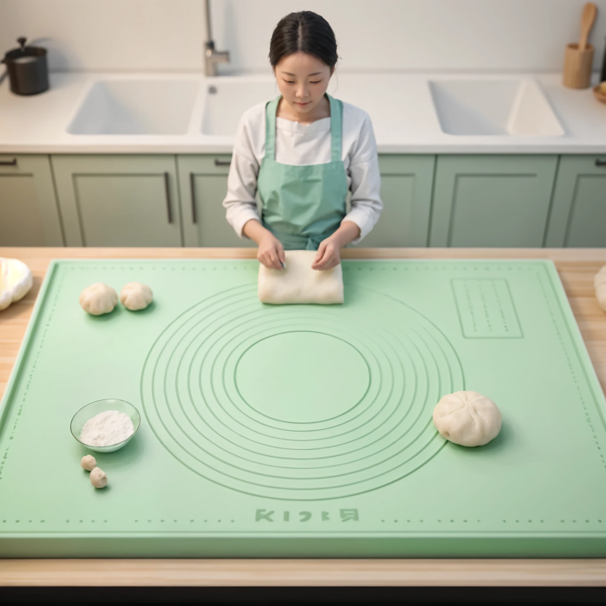 A woman makes dough in the kitchen, with dumplings, steamed buns, a bowl of flour on the green panel, kitchen, sunshine, photorealistic, realistic, positive perspective, high definition, 8K, immersive details, HD aesthetics, 4k