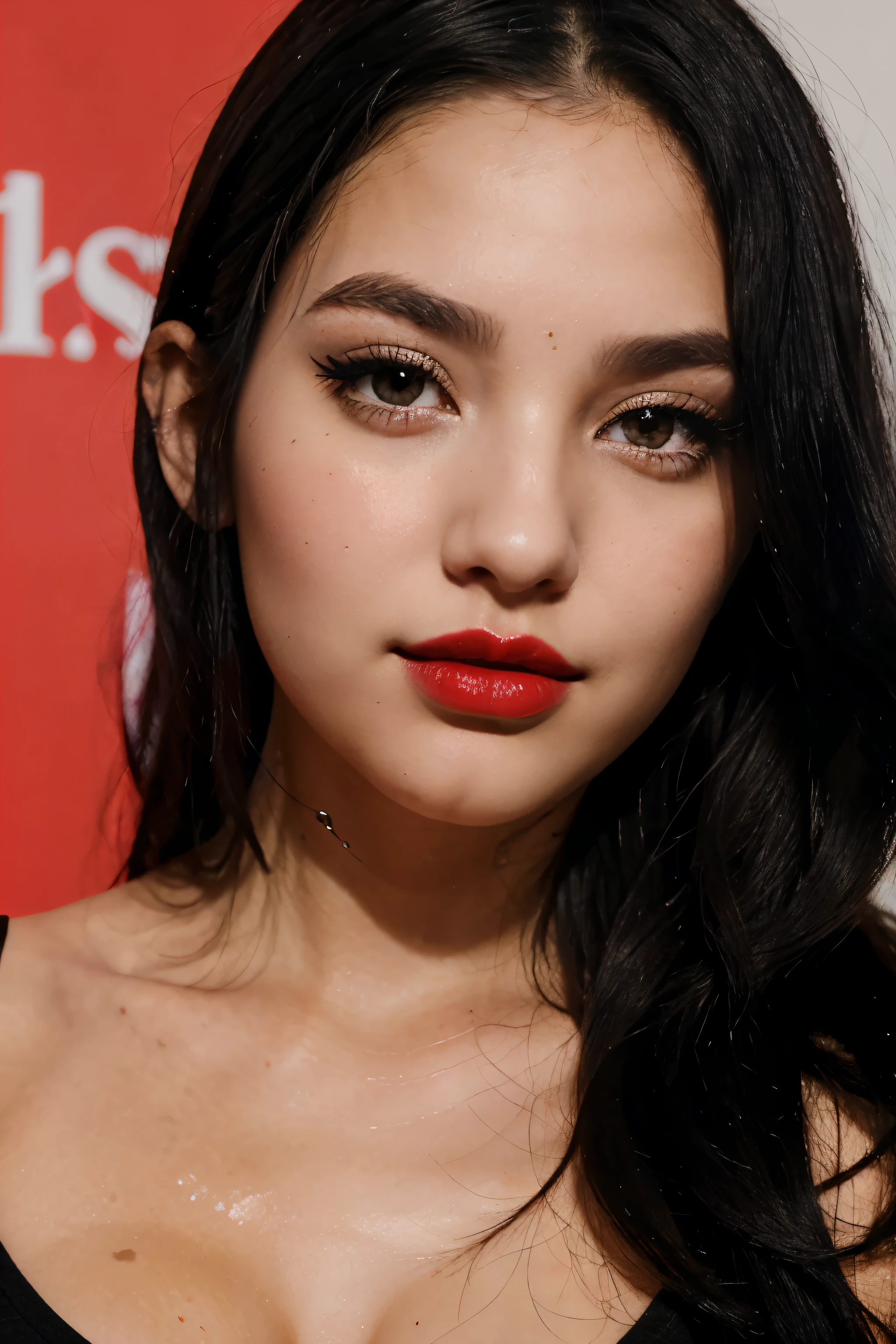 a beautiful girl . Age 20-25 . black hair and black eye . slime nose , red lips