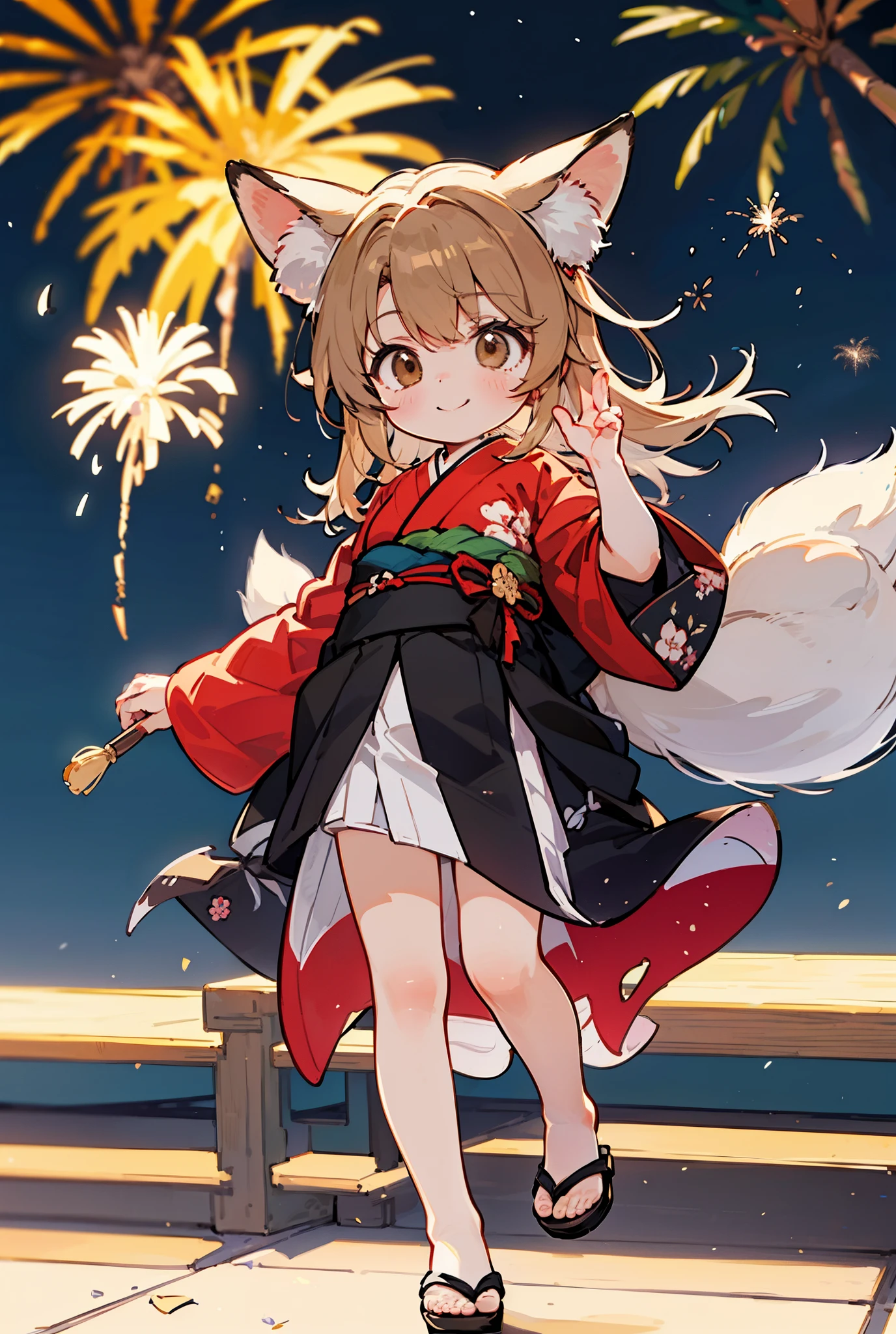 irohaisshiki, Isshiki Iroha, long hair, light brown hair, (brown eyes:1.5), smile,animal ears　fox ears,animal caudal fin　fox tail,flower hair ornament,Yukata with yellow floral pattern,long skirt,Zori sandals,firework in the night sky,firework,The place is a firework display,Time is night,sunny day,So that the whole body is included in the illustration,
break outdoors, 神社
break looking at viewer,
break (masterpiece:1.2), highest quality, High resolution, unity 8k wallpaper, (figure:0.8), (beautiful deしっぽed eyes:1.6), extremely deしっぽed face, perfect lighting, extremely deしっぽed CG, (perfect hands, perfect anatomy),