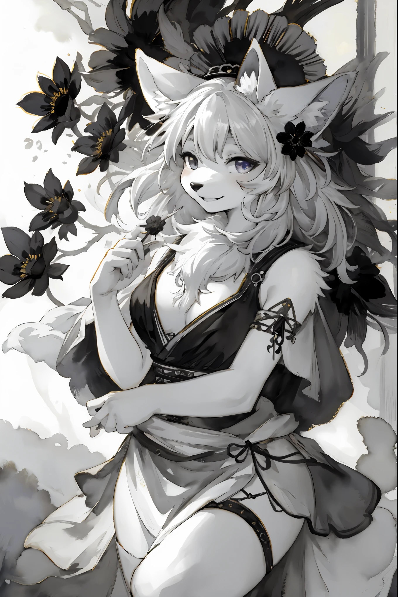 monochrome, watercolor, highres, top quality, best quality, paid reward available, High-quality illustrations, unparalleled masterpiece, perfect artwork, absurdres, 1girl, kemono, furry, detailed body fur, animal face, animal hand, Archaic Smile, holding a cluster of Black flower in both hands, which are positioned at chest level, She is wearing a simple ring on the ring finger of her left hand, unfocused spread of Black flower, fan-created work shared on platforms Pixiv or Twitter,