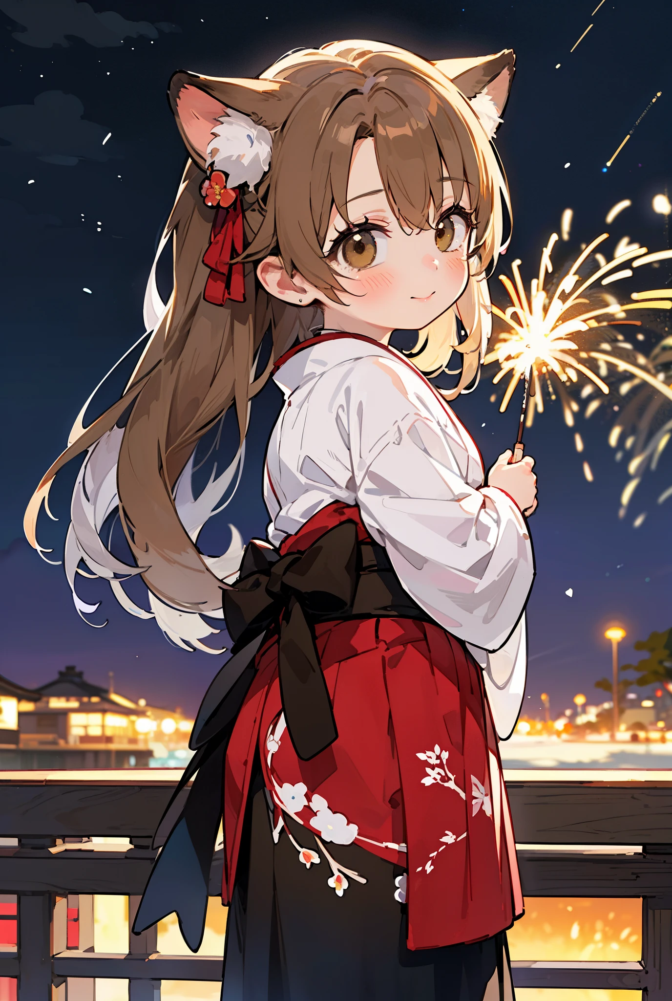 irohaisshiki, Isshiki Iroha, long hair, light brown hair, (brown eyes:1.5), smile,animal ears fox ears,animal caudal fin fox tail,flower hair ornament,Yukata with yellow floral pattern,long skirt,Zori sandals,firework in the night sky,firework,The place is a firework display,Time is night,sunny day,So that the whole body is included in the illustration,
break outdoors, 神社
break looking at viewer,
break (masterpiece:1.2), highest quality, High resolution, unity 8k wallpaper, (figure:0.8), (beautiful deしっぽed eyes:1.6), extremely deしっぽed face, perfect lighting, extremely deしっぽed CG, (perfect hands, perfect anatomy),