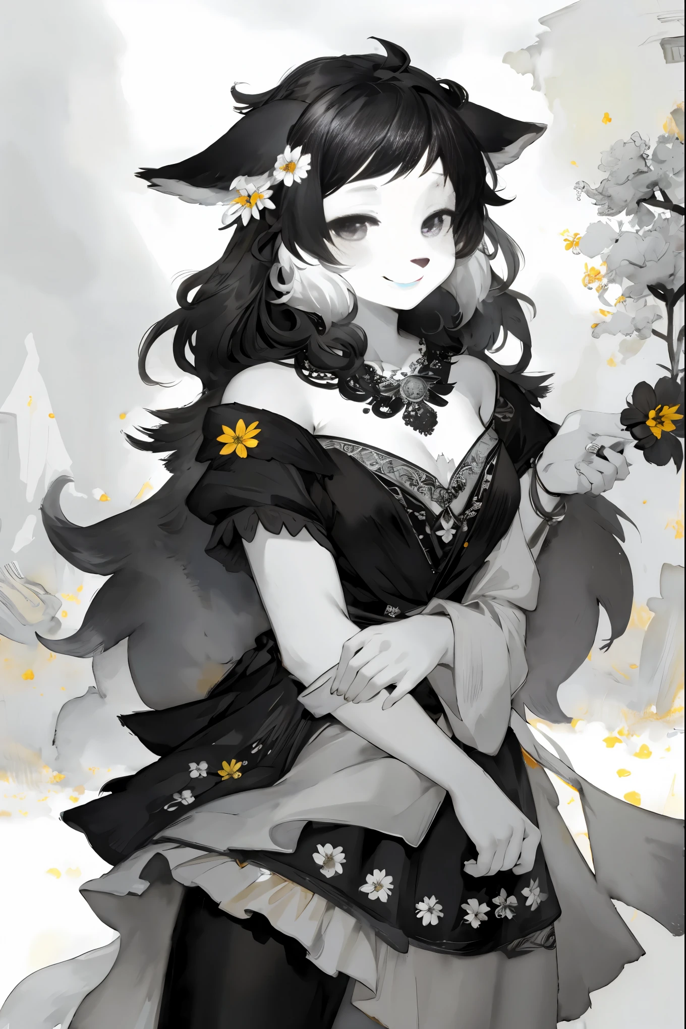 monochrome, watercolor, highres, top quality, best quality, paid reward available, High-quality illustrations, unparalleled masterpiece, perfect artwork, absurdres, 1girl, kemono, furry, detailed body fur, animal face, animal hand, Archaic Smile, holding a cluster of Black flower in both hands, which are positioned at chest level, She is wearing a simple ring on the ring finger of her left hand, unfocused spread of Black flower, fan-created work shared on platforms Pixiv or Twitter,