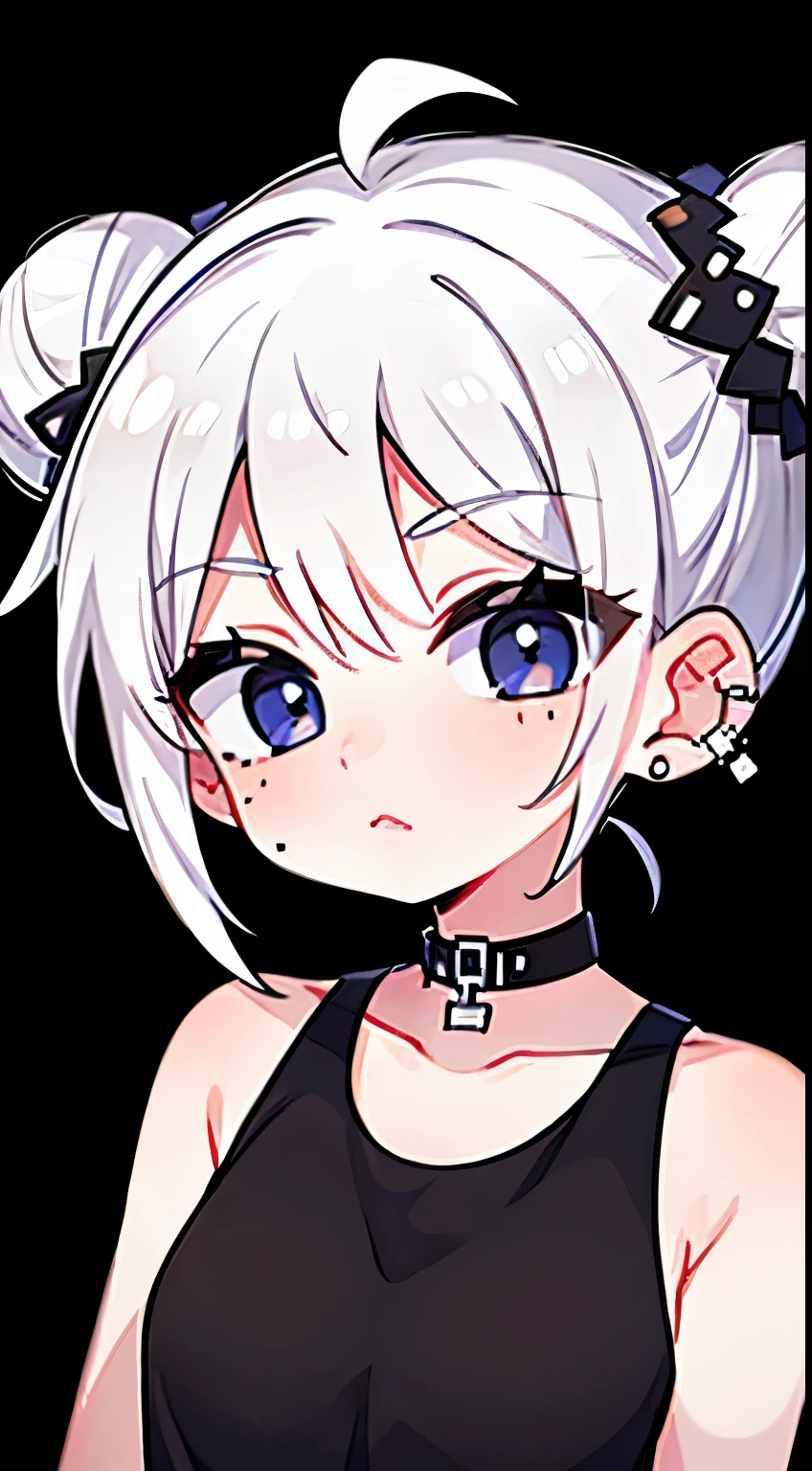 1girl, solo, double_bun, hair_bun, lip_piercing, eyebrow_piercing, piercing, black_background, sleeveless, upper_body, looking_at_viewer, hair_ornament, mole, cross, bare_shoulders, breasts, mole_under_eye, white_hair, short_hair