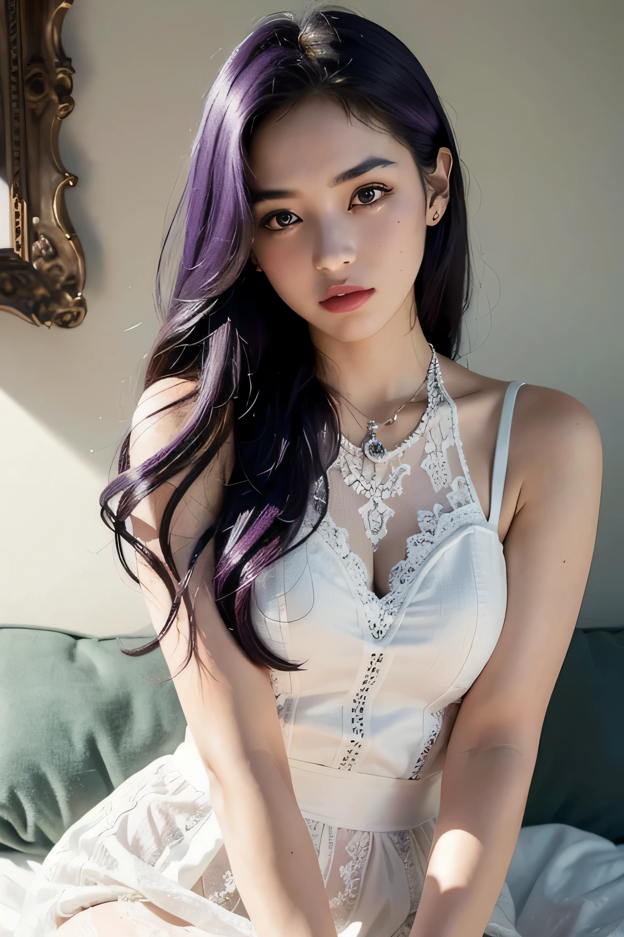 best quality,masterpiece,Very detailed,high resolution,4k,ultra high resolution,Detailed shading,ultra actual,actual,dramatic lighting,1 girl,alone,Detailed face,actual eyes,actual skin,white dress,purple hair,dynamic poses, White lace dress