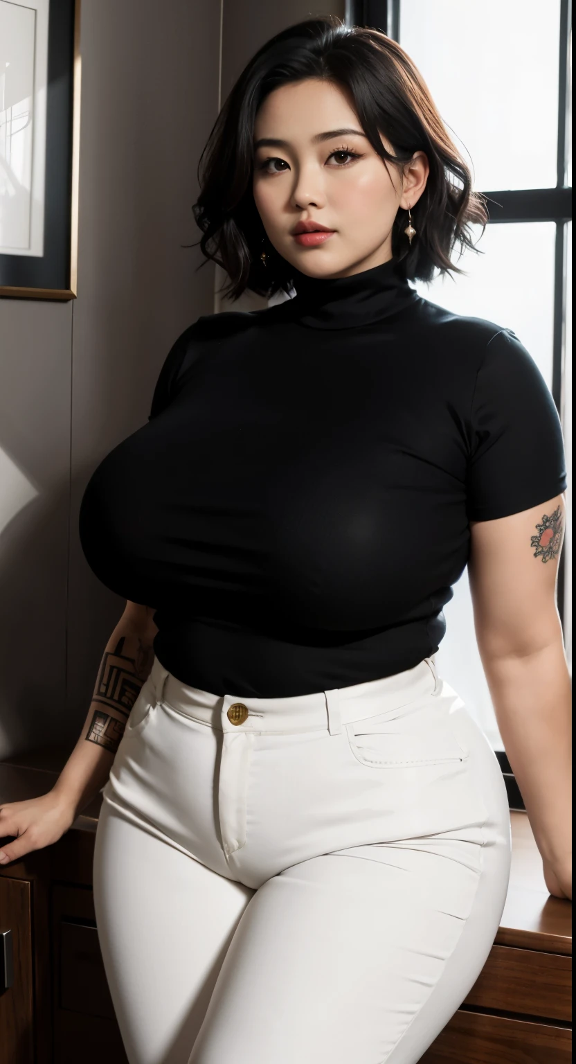 ((best quality)), ((masterpiece)), (detailed), perfect face, Beautiful, mother-in-law, asian-Indonesian , voluptuous, wearing random clothes (formal), In the black room, seductive expression, chubby body, nice body, milf chubby, chinese-Indonesian. Full body, big arm, wide hips , wearing a sneakers, bob hairstyle, baby face , chubby cheeks, 35 year old, chubby tall woman, tattooed thighs , yakuza tattoos , big thighs, big armpits , chubby massive cheeks , thick neck, cold atmosphere, low light, wavy short haired, big breasts, showing her armpits , thick woman , turtleneck, thick woman . Full body, wearing shorts pants 