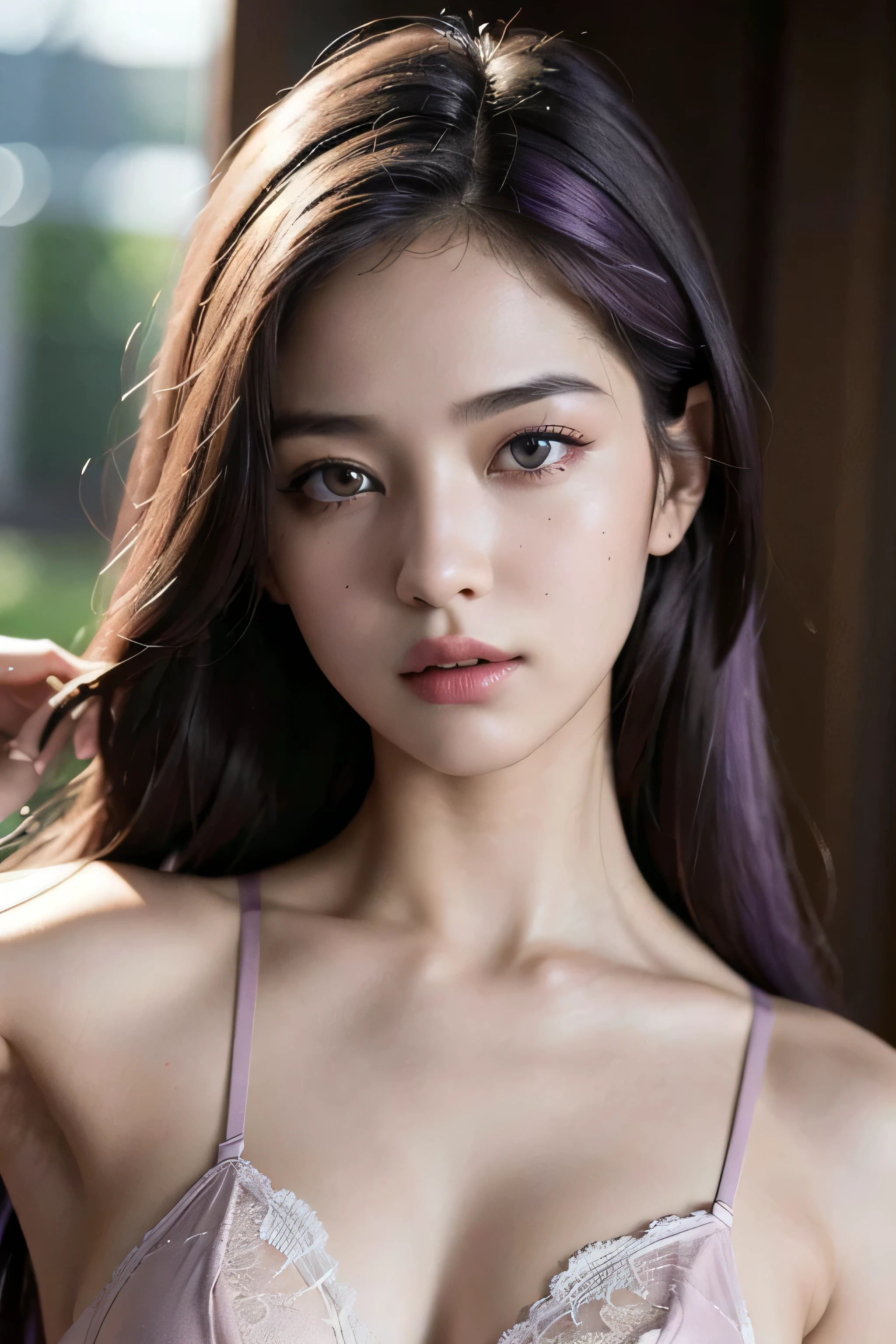 best quality,masterpiece,extremely detailed,high res,4k,ultra high res,detailed shadow,ultra realistic,realistic,dramatic lighting,1girl,solo,detailed face,realistic eyes,realistic skin,white dress,purple hair,dynamic pose, white lace dress